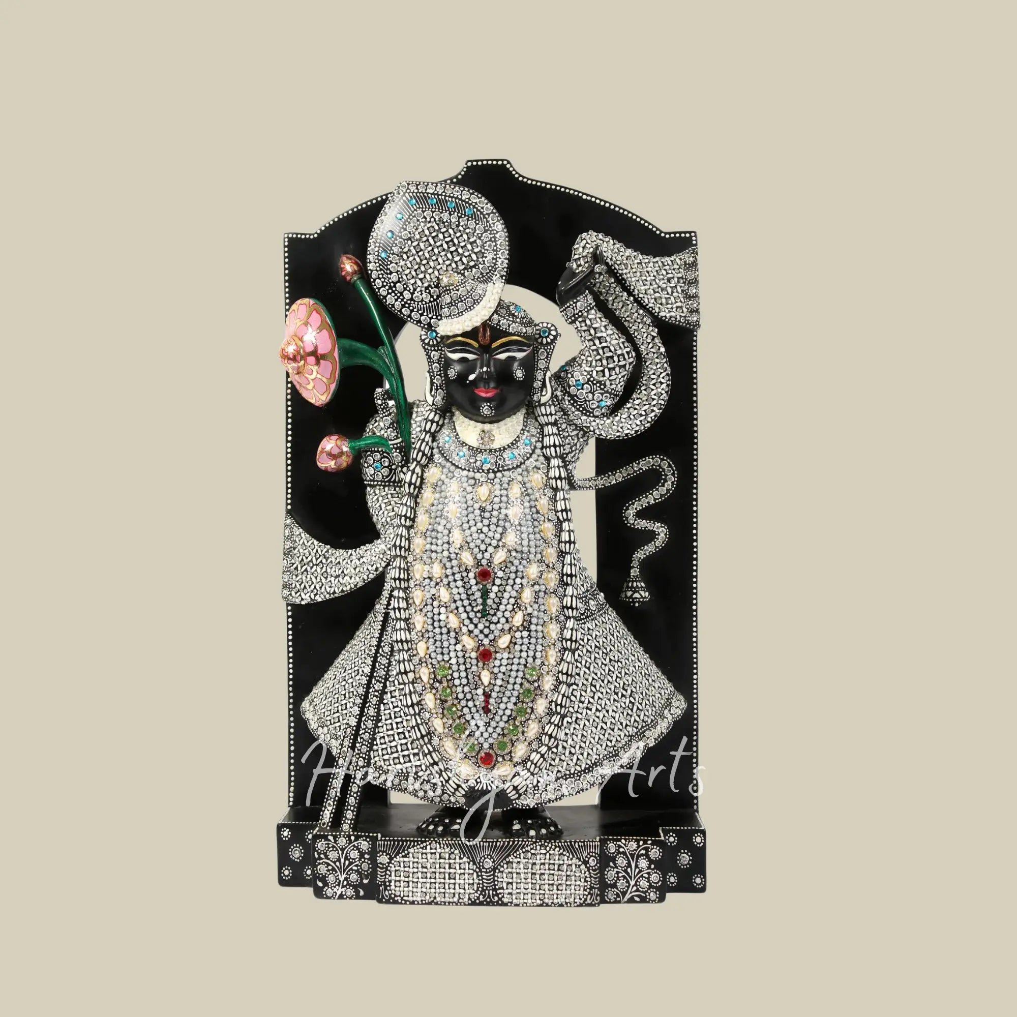 18 inches Shrinath Ji Black Marble Statue with Embroided Pearl Work