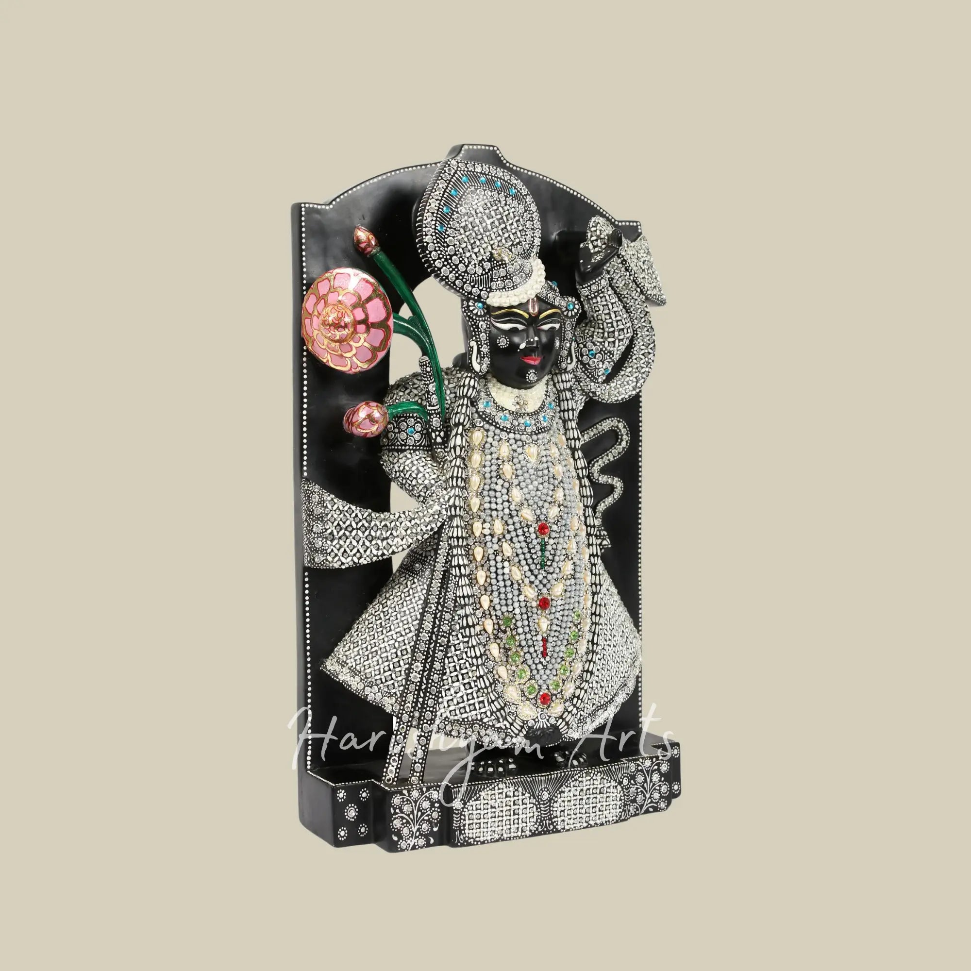 18 inches Shrinath Ji Black Marble Statue with Embroided Pearl Work 6