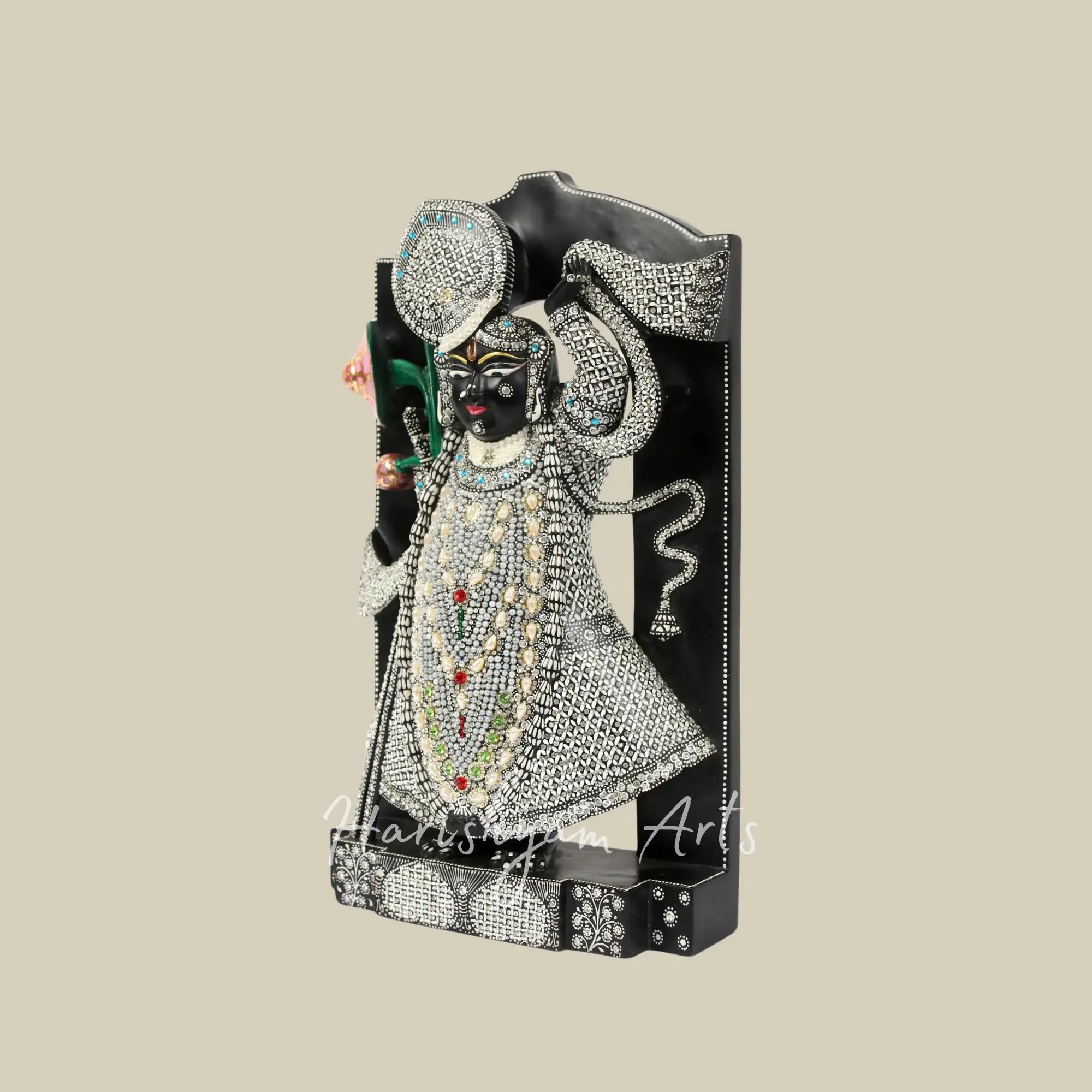 18 inches Shrinath Ji Black Marble Statue with Embroided Pearl Work 7