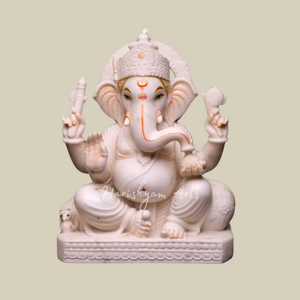 18" Sitting Marble Ganesha Moorti in Blessing Position