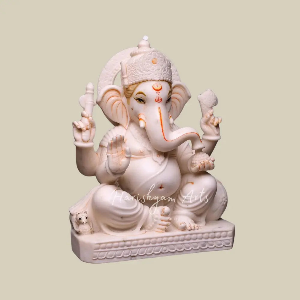 18" Sitting Marble Ganesha Moorti in Blessing Position