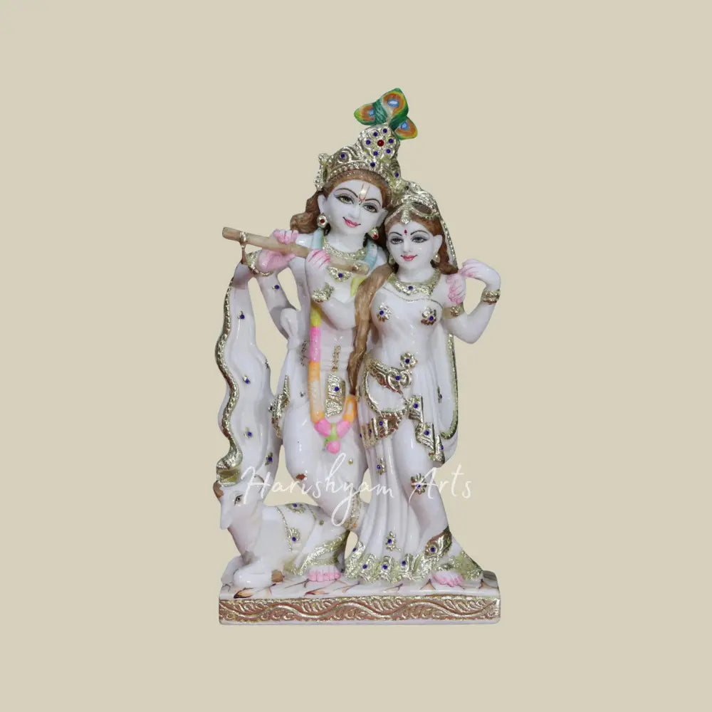 18" Standing Radha Krishna With Cow Marble Statue