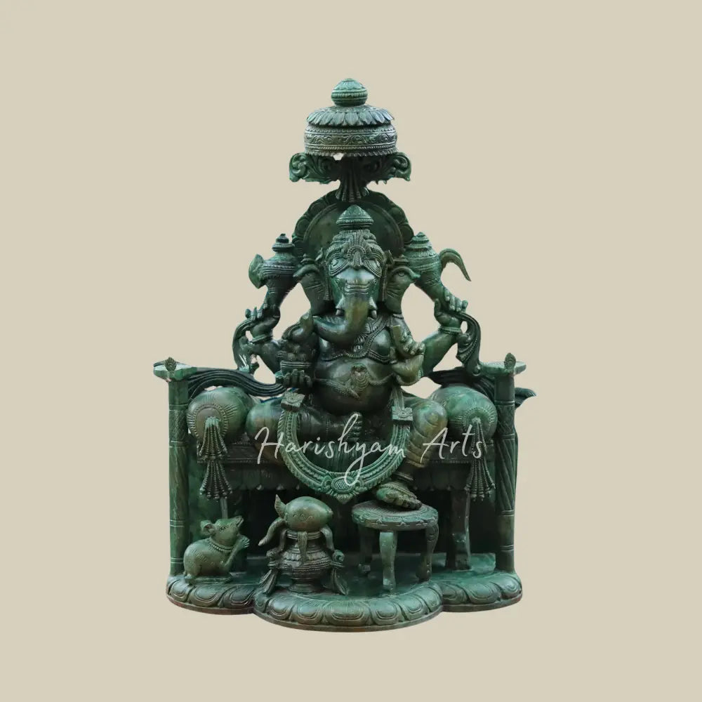 18" Statue of Ganapati Sitting On A Singhasan in Green Quartz