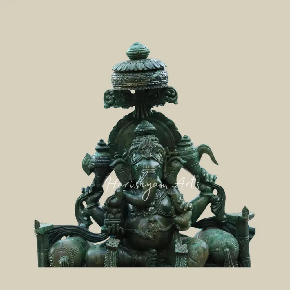 18" Statue of Ganapati Sitting On A Singhasan in Green Quartz