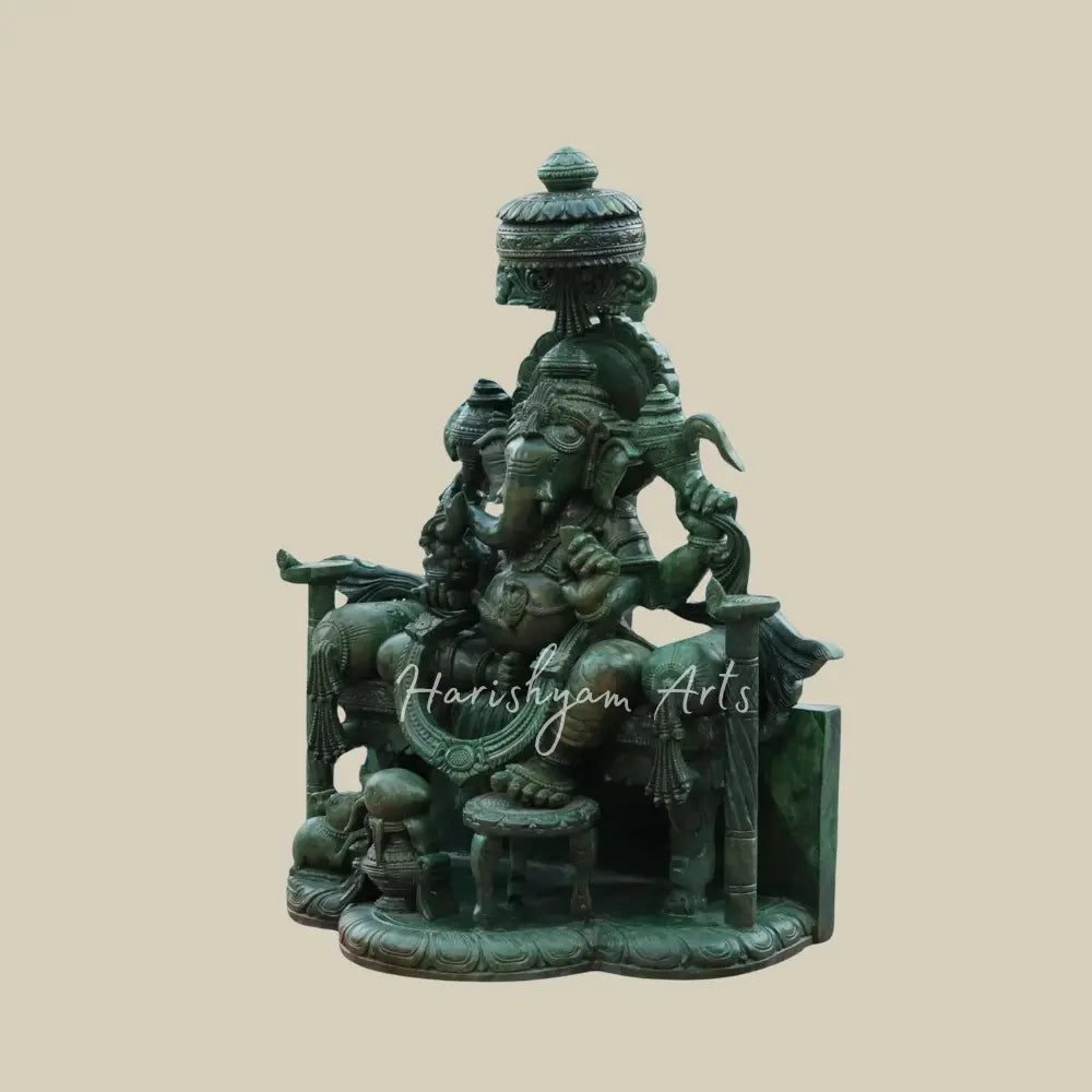 18" Statue of Ganapati Sitting On A Singhasan in Green Quartz