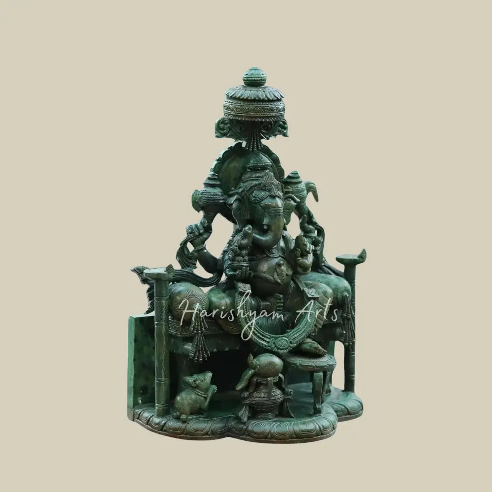 18" Statue of Ganapati Sitting On A Singhasan in Green Quartz