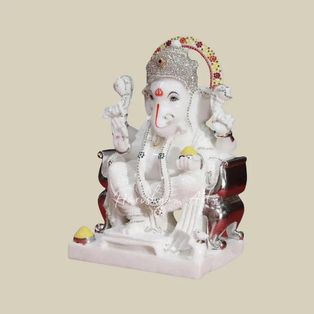 18" White Lord Ganesha With Ornaments Marble Murti