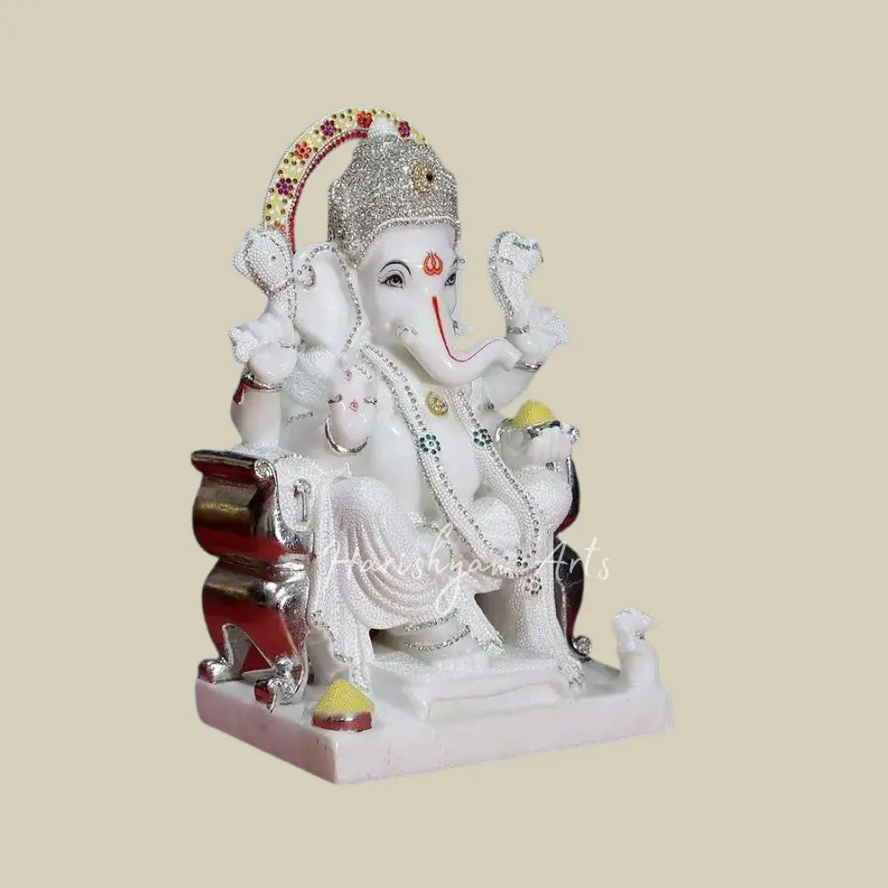 18" White Lord Ganesha With Ornaments Marble Murti