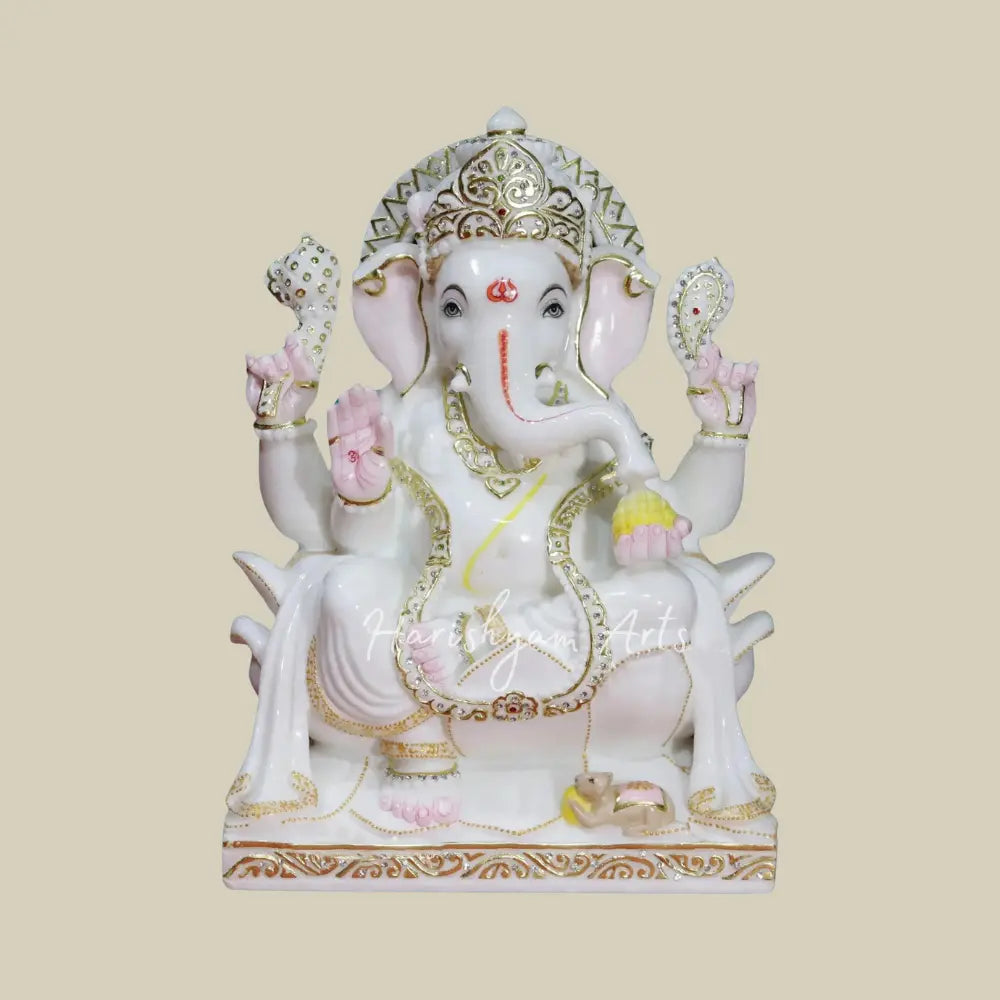 18" White Lord Ganesha With Ornaments Marble Murti