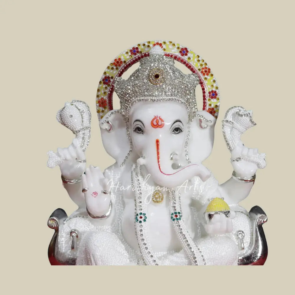 18" White Lord Ganesha With Ornaments Marble Murti