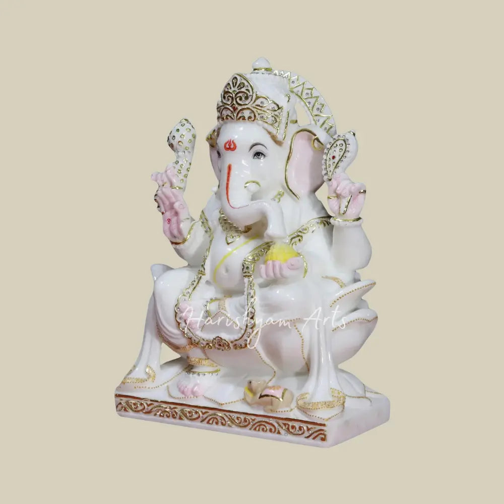 18" White Makrana Marble Deity of  Ganesha Seated on Lotus