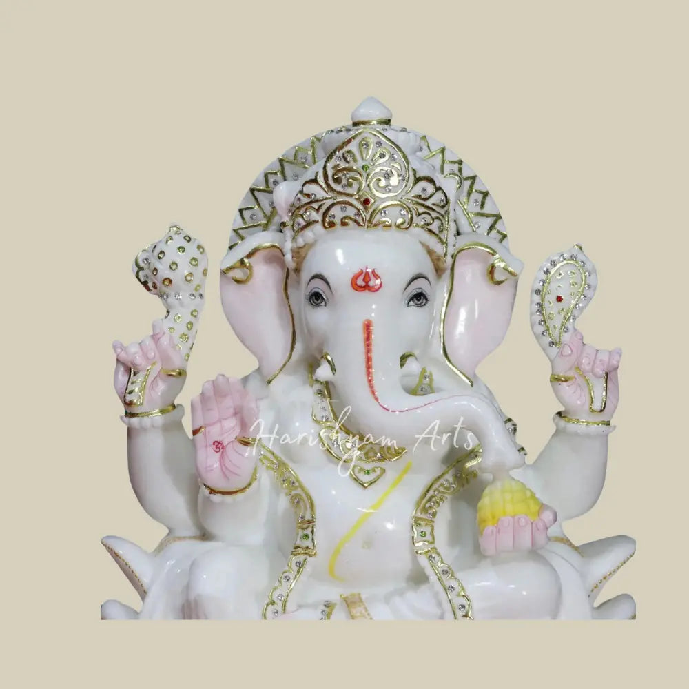 18" White Makrana Marble Deity of  Ganesha Seated on Lotus