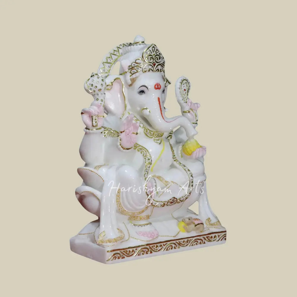 18" White Makrana Marble Deity of  Ganesha Seated on Lotus