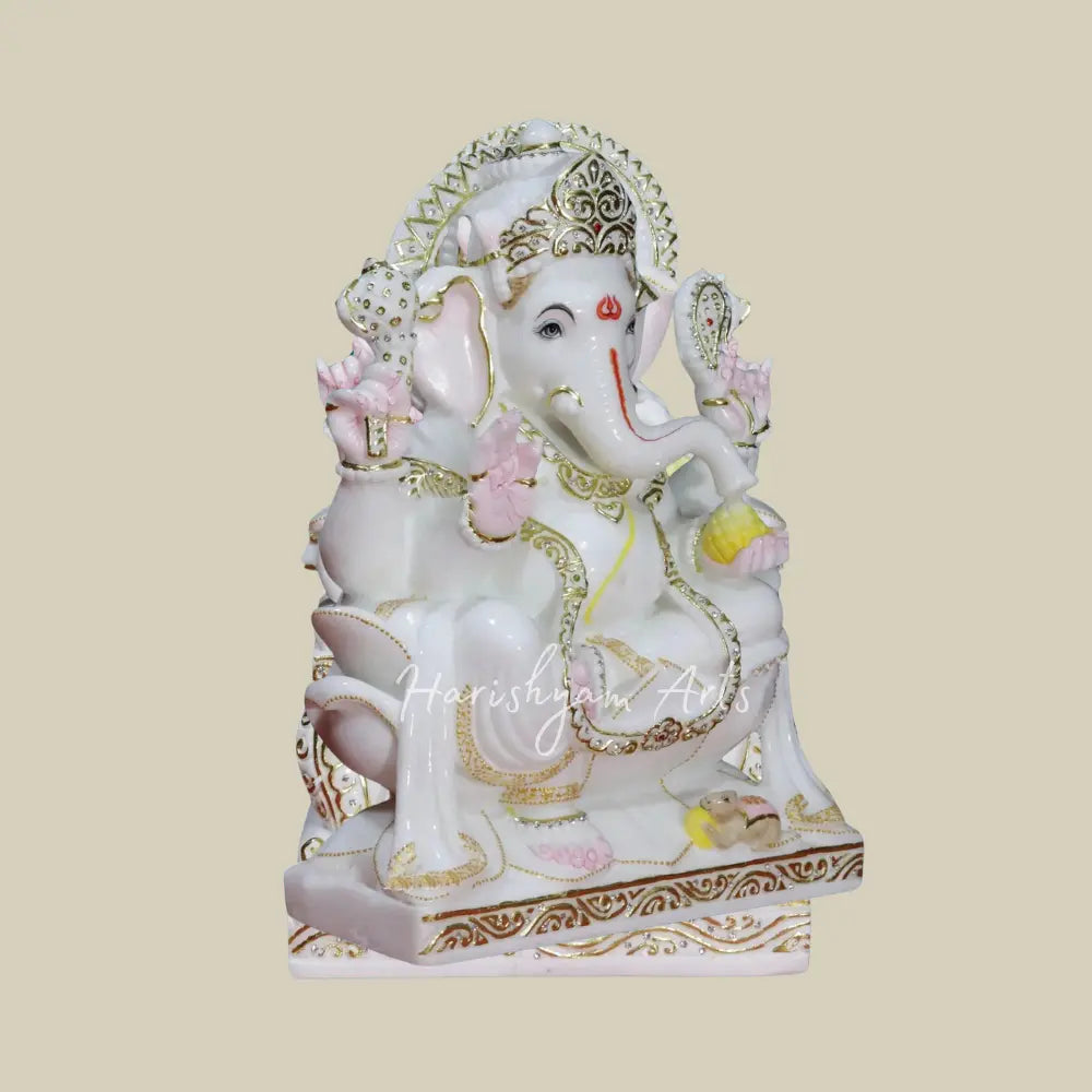 18" White Makrana Marble Deity of  Ganesha Seated on Lotus