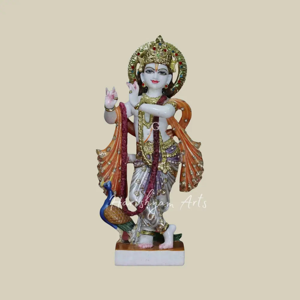 18" krishna with peacock vietnam marble statue