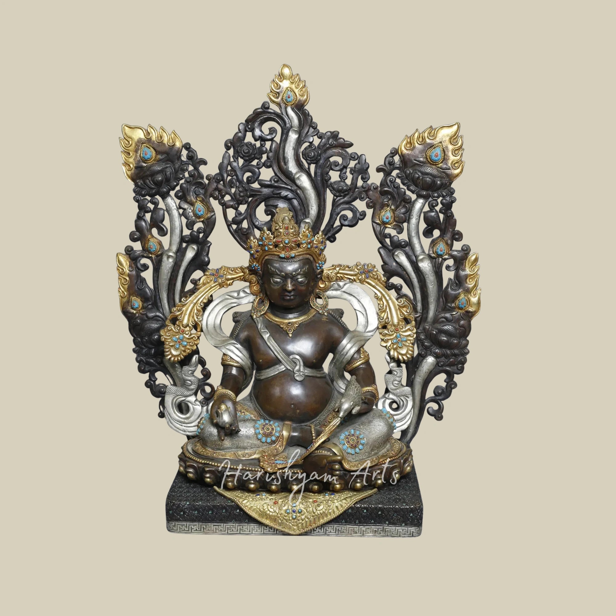 19" Himalayan Kubera Deity Sculpture on Pedestal in Gold Plated Copper