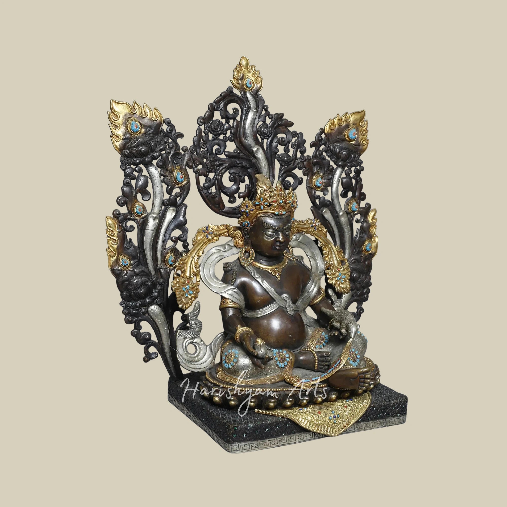 19" Himalayan Kubera Deity Sculpture on Pedestal in Gold Plated Copper