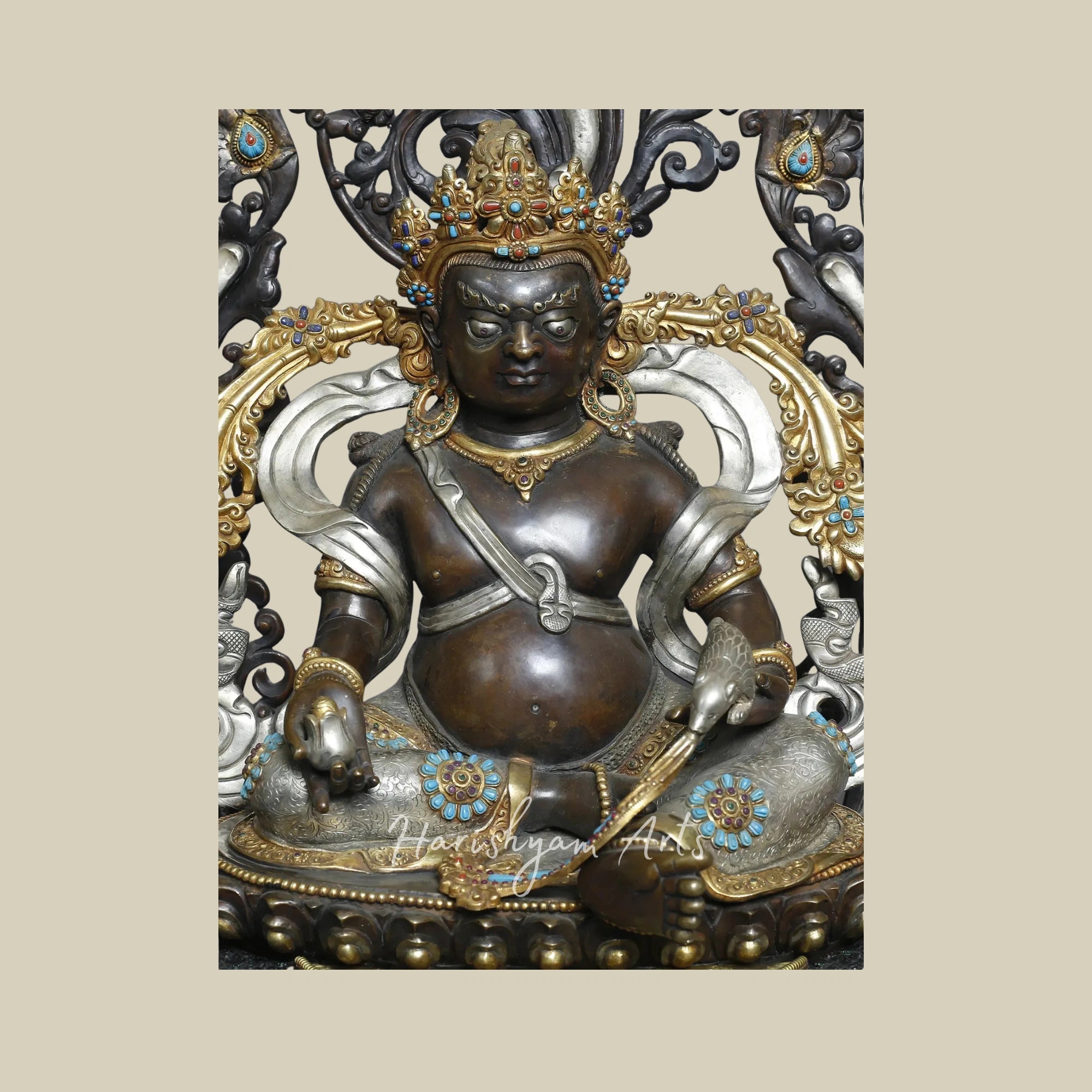 19" Himalayan Kubera Deity Sculpture on Pedestal in Gold Plated Copper