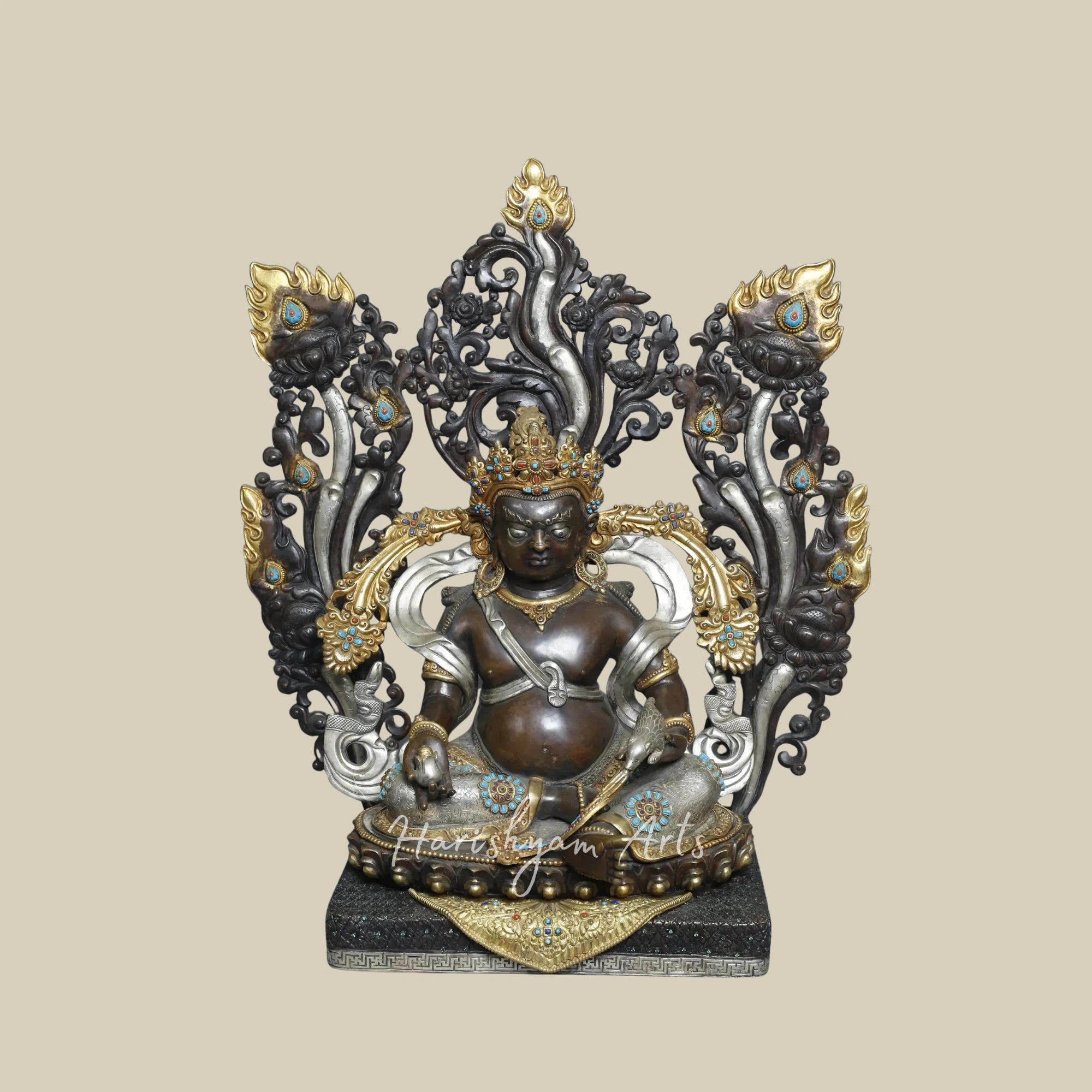 19" Himalayan Kubera Deity Sculpture on Pedestal in Gold Plated Copper