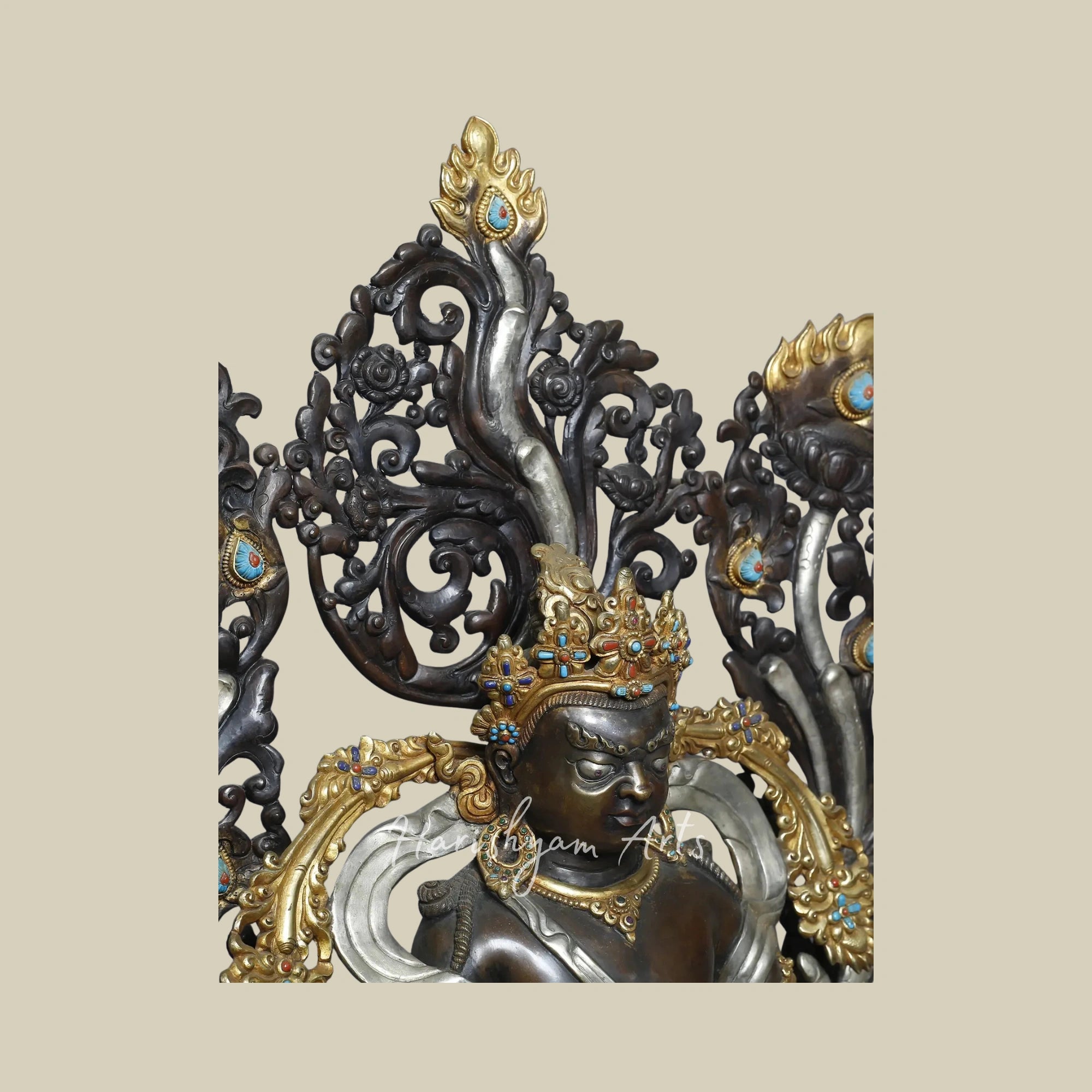 19" Himalayan Kubera Deity Sculpture on Pedestal in Gold Plated Copper