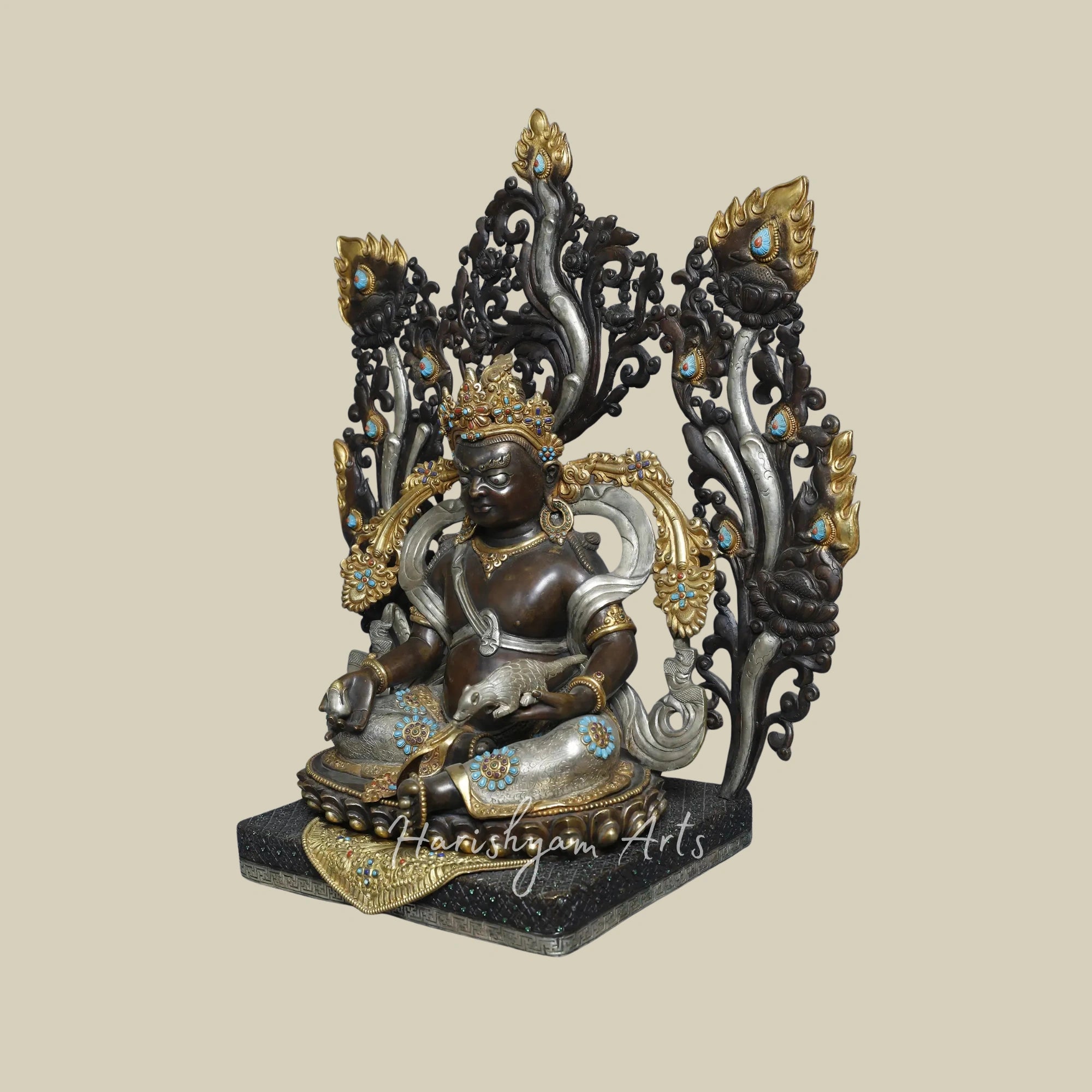19" Himalayan Kubera Deity Sculpture on Pedestal in Gold Plated Copper