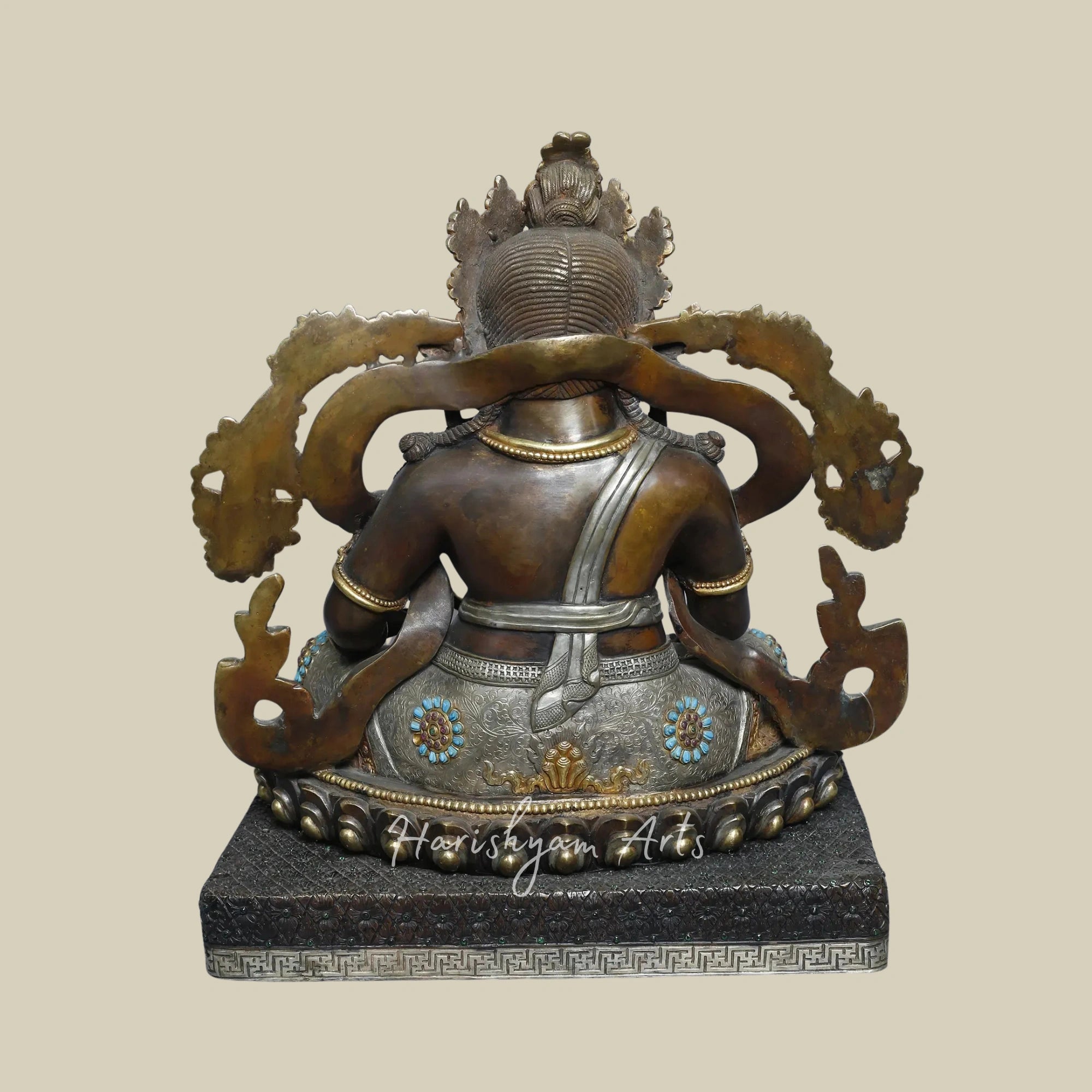19" Himalayan Kubera Deity Sculpture on Pedestal in Gold Plated Copper