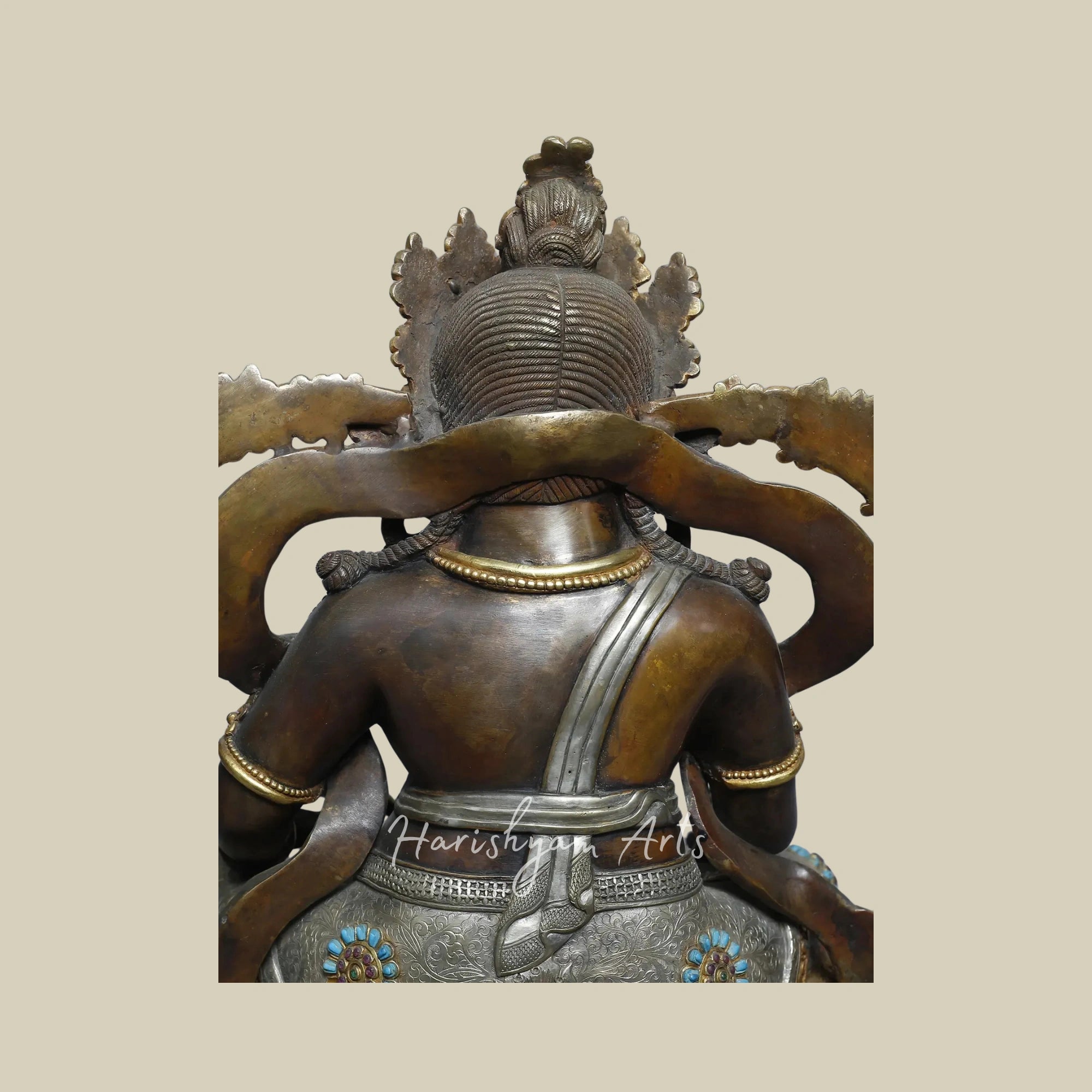 19" Himalayan Kubera Deity Sculpture on Pedestal in Gold Plated Copper