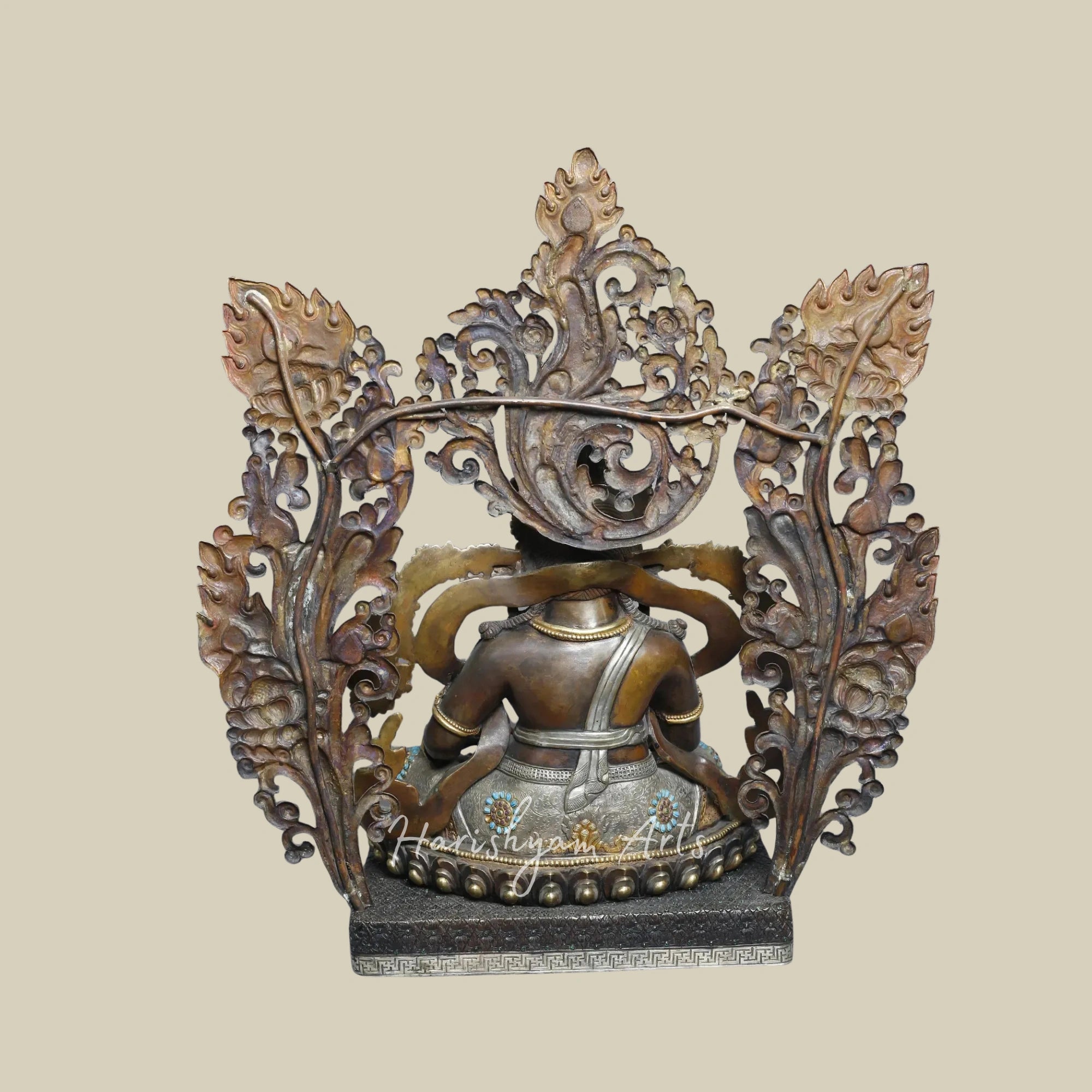 19" Himalayan Kubera Deity Sculpture on Pedestal in Gold Plated Copper
