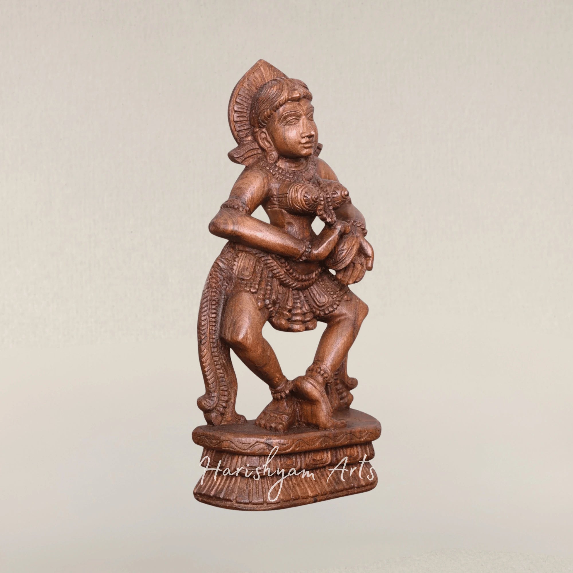 19" Intricately Carved Wooden Apsara Performing Thalam