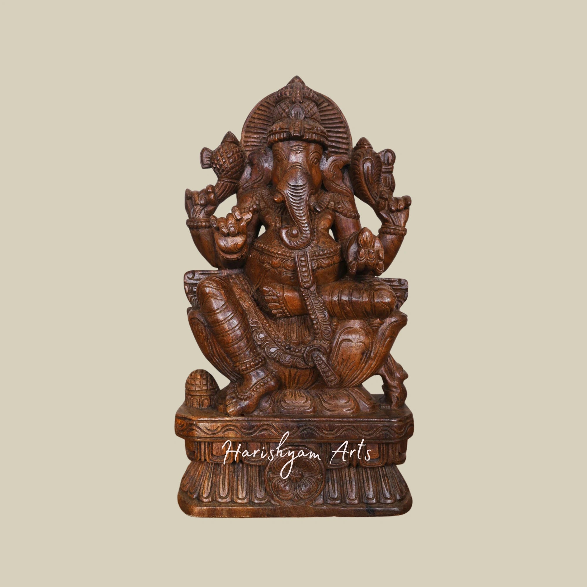 19" Lightweight Handcrafted Wooden Ganesha Idol with Four Arms Eating White Modak