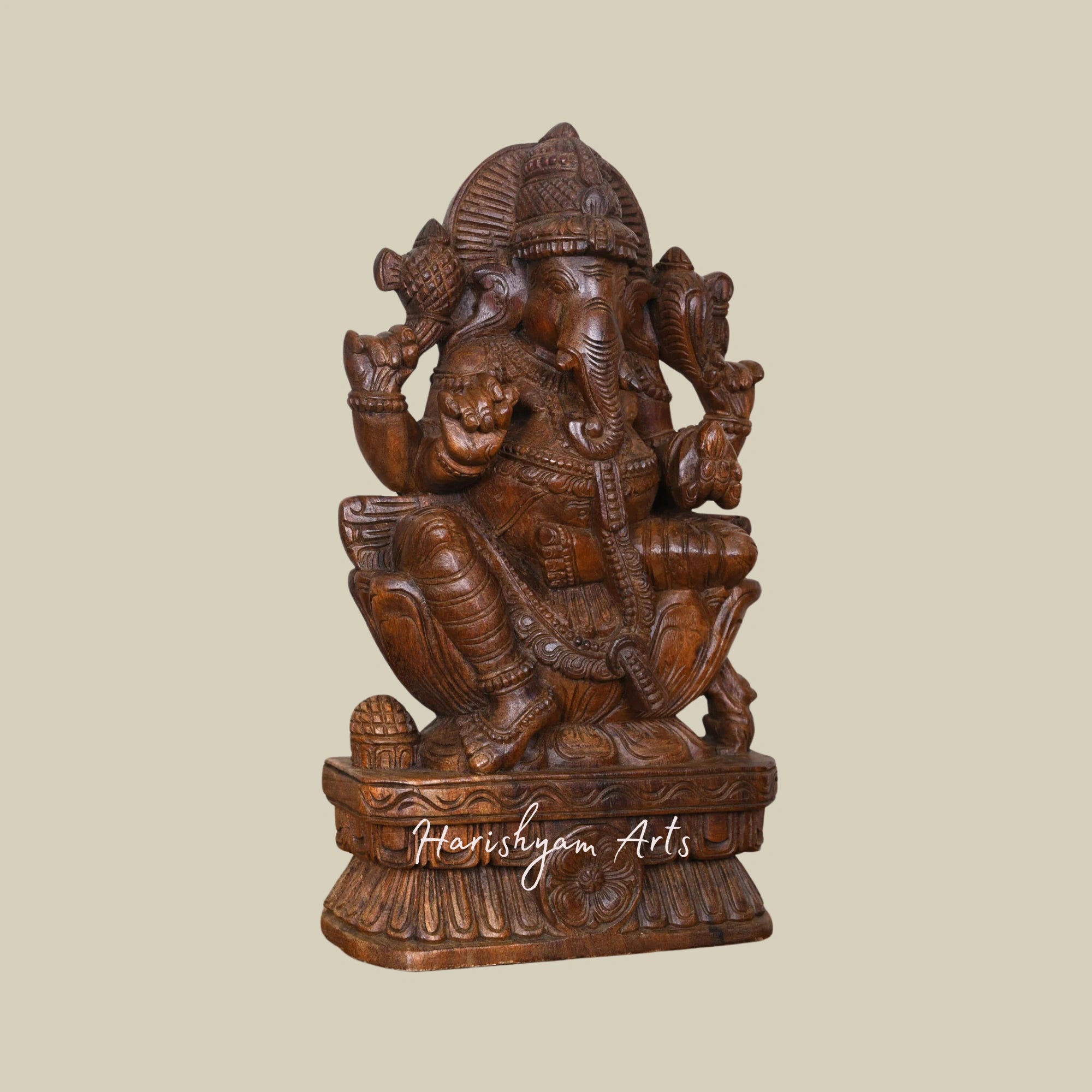 19" Lightweight Handcrafted Wooden Ganesha Idol with Four Arms Eating White Modak1