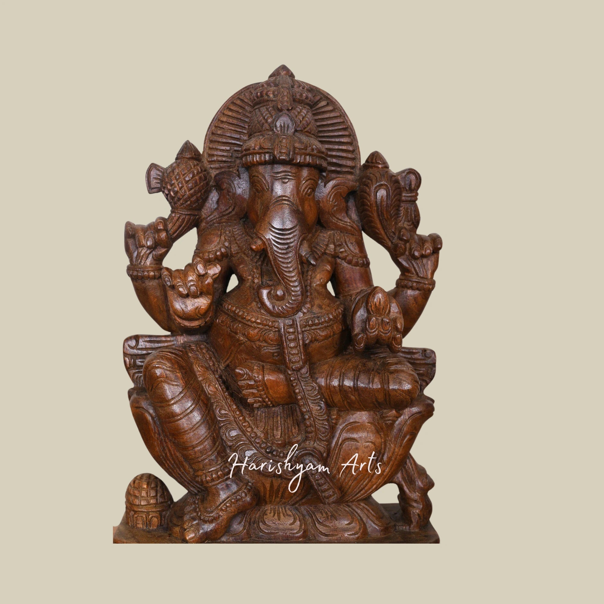 19" Lightweight Handcrafted Wooden Ganesha Idol with Four Arms Eating White Modak2