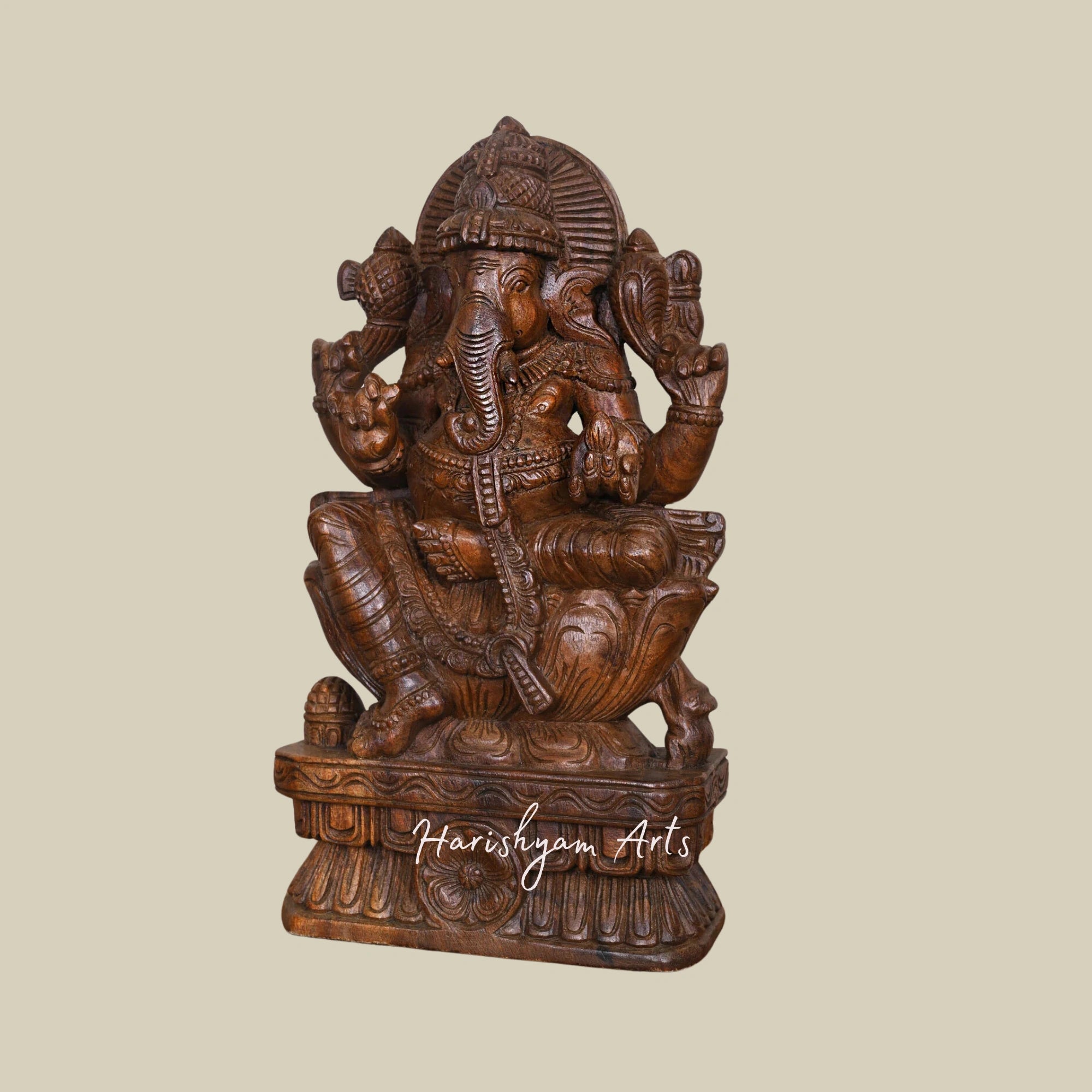 19" Lightweight Handcrafted Wooden Ganesha Idol with Four Arms Eating White Modak3