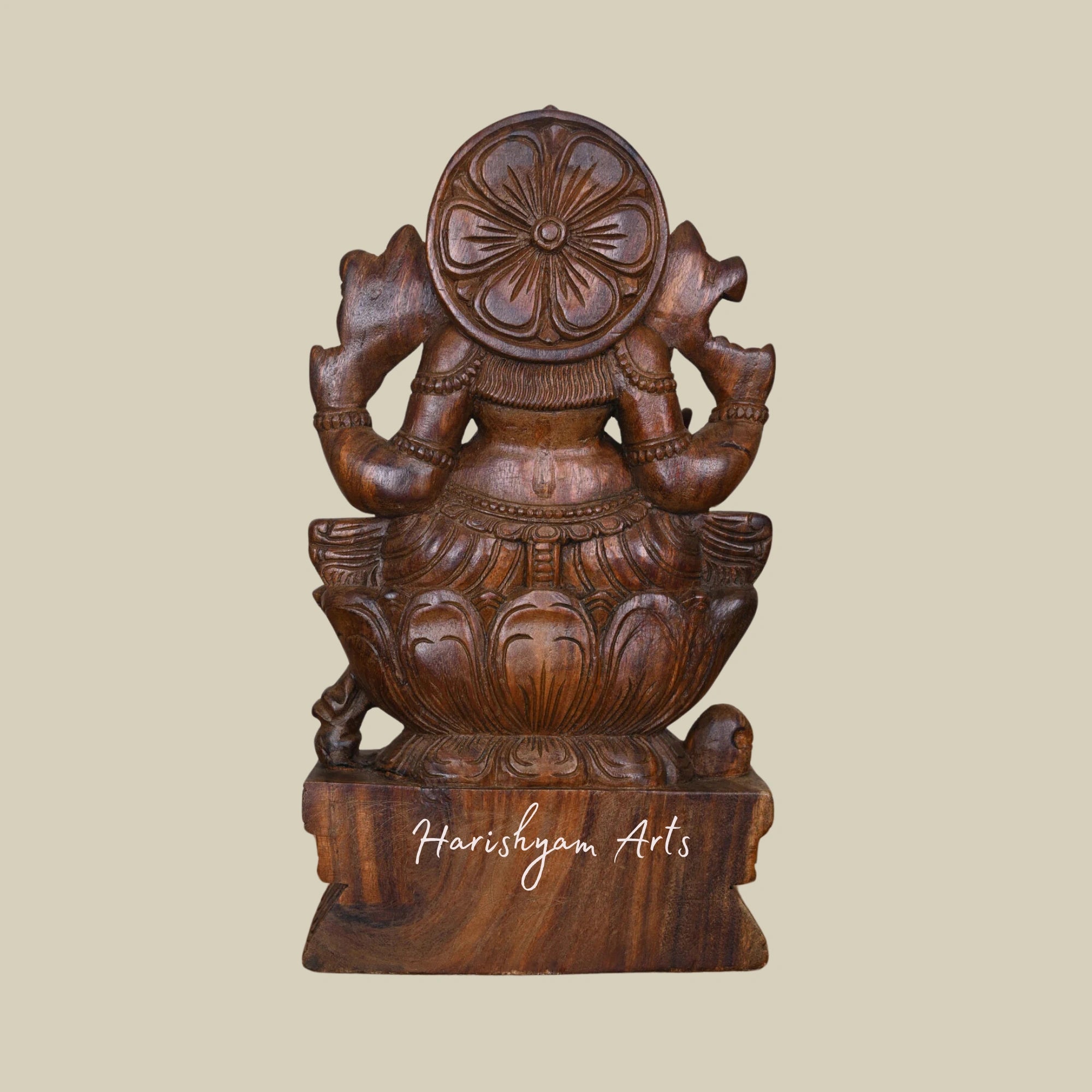 19" Lightweight Handcrafted Wooden Ganesha Idol with Four Arms Eating White Modak4