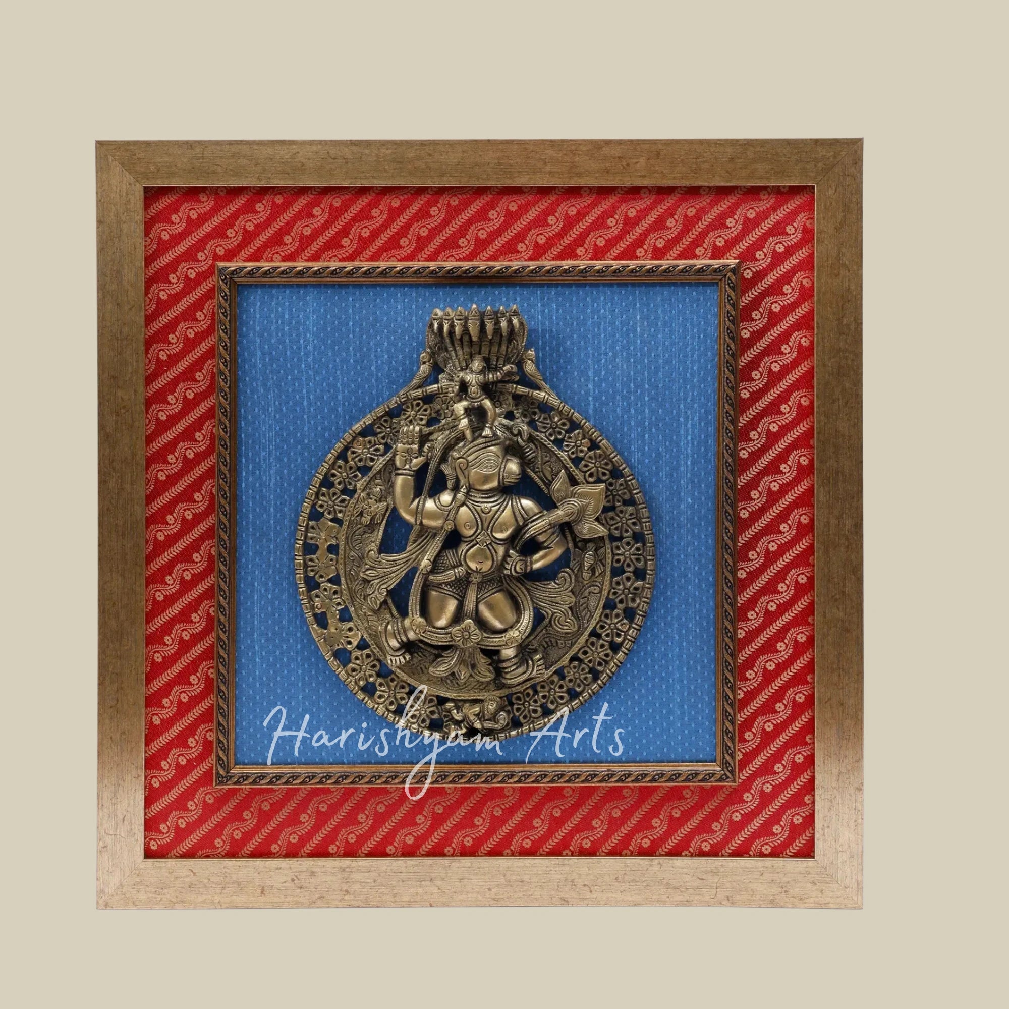 19" Lord Hanuman Brass Wall Sculpture Mounted in a Decorative Wooden Frame