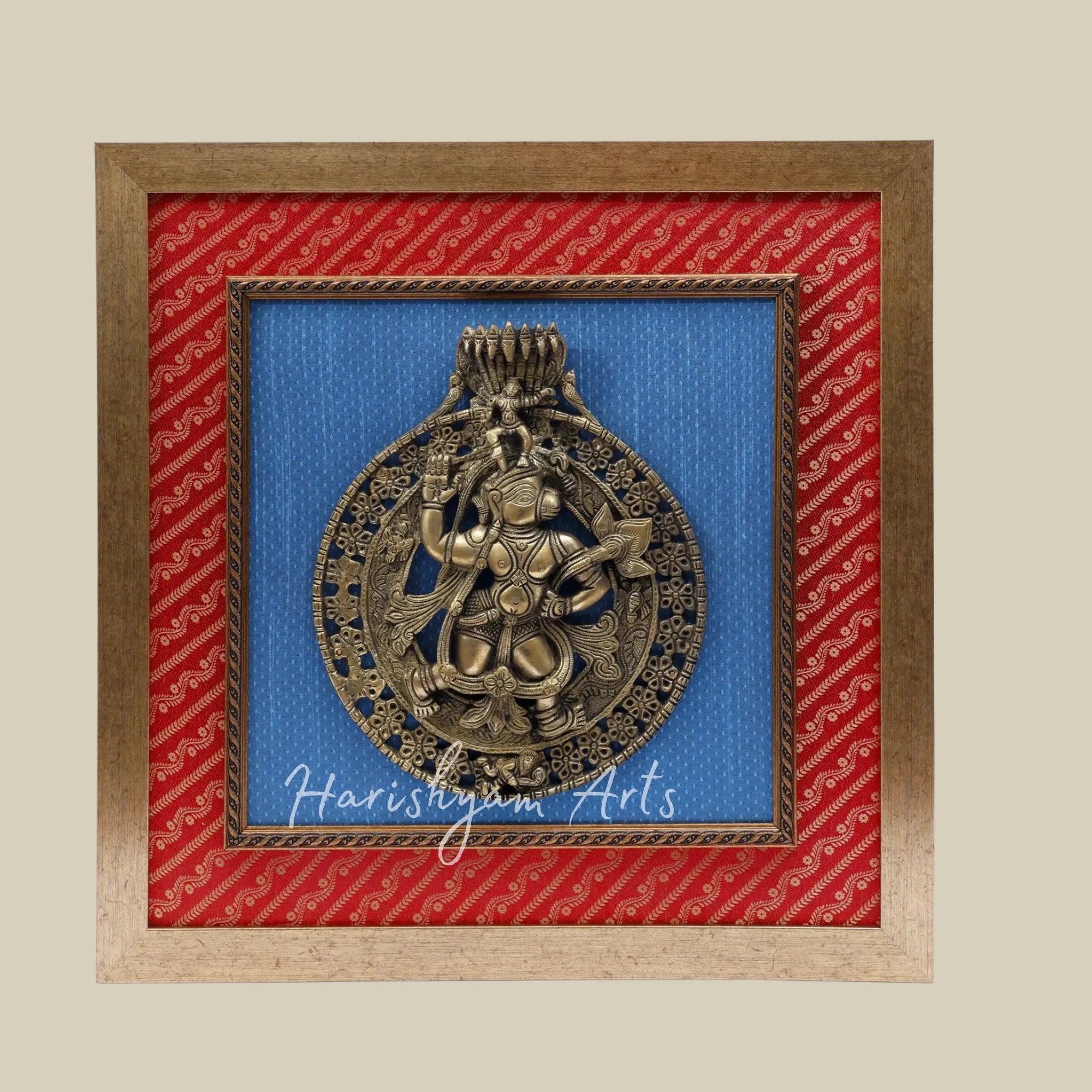 19" Lord Hanuman Brass Wall Sculpture Mounted in a Decorative Wooden Frame