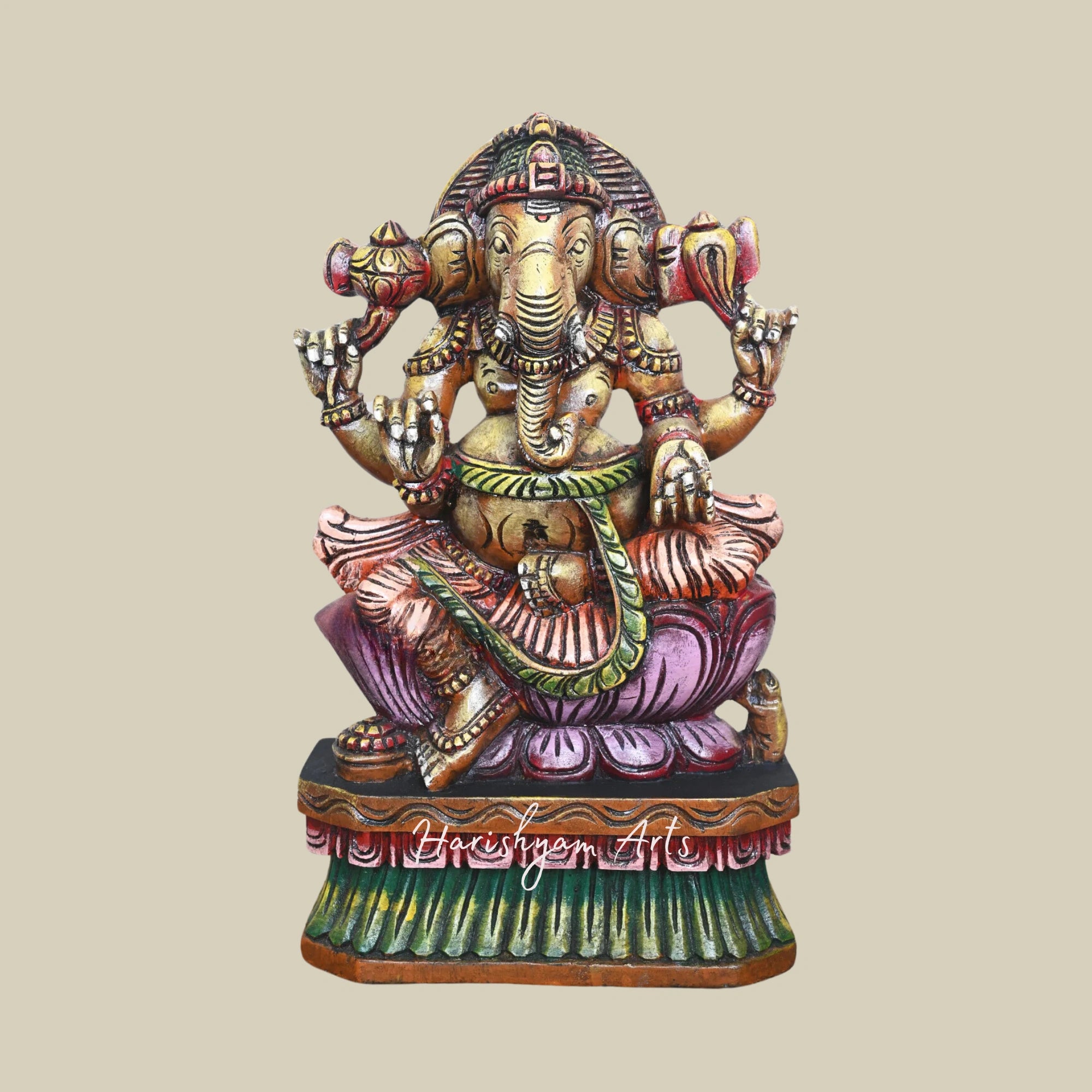 19" Polished Wooden Ganesha Statue on Pink Lotus Holding Pasa and Ankusha Ayuthas Wooden Sculpture