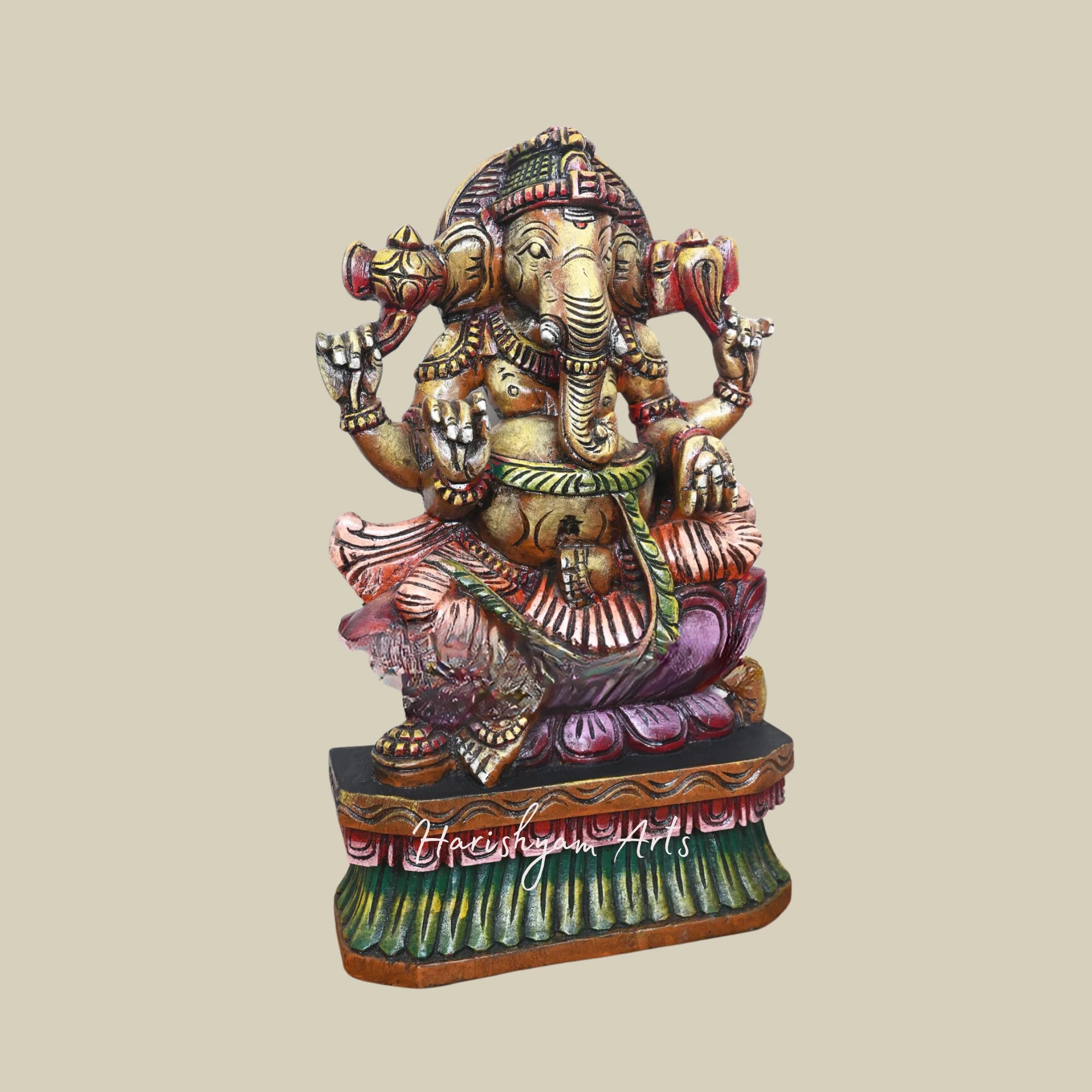 19" Polished Wooden Ganesha Statue on Pink Lotus Holding Pasa and Ankusha Ayuthas Wooden Sculpture1