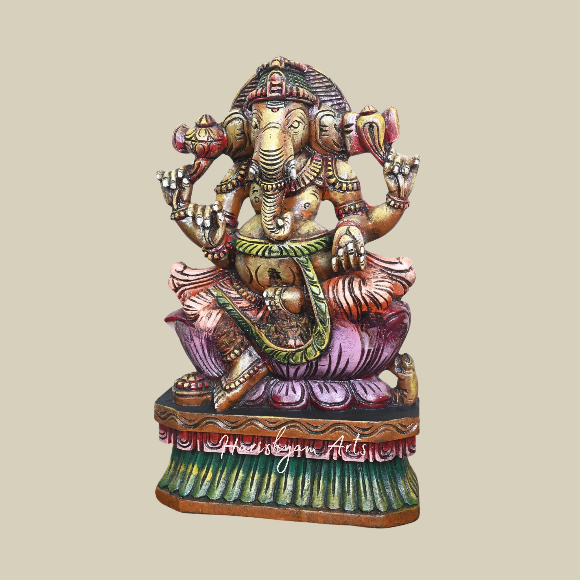 19" Polished Wooden Ganesha Statue on Pink Lotus Holding Pasa and Ankusha Ayuthas Wooden Sculpture2