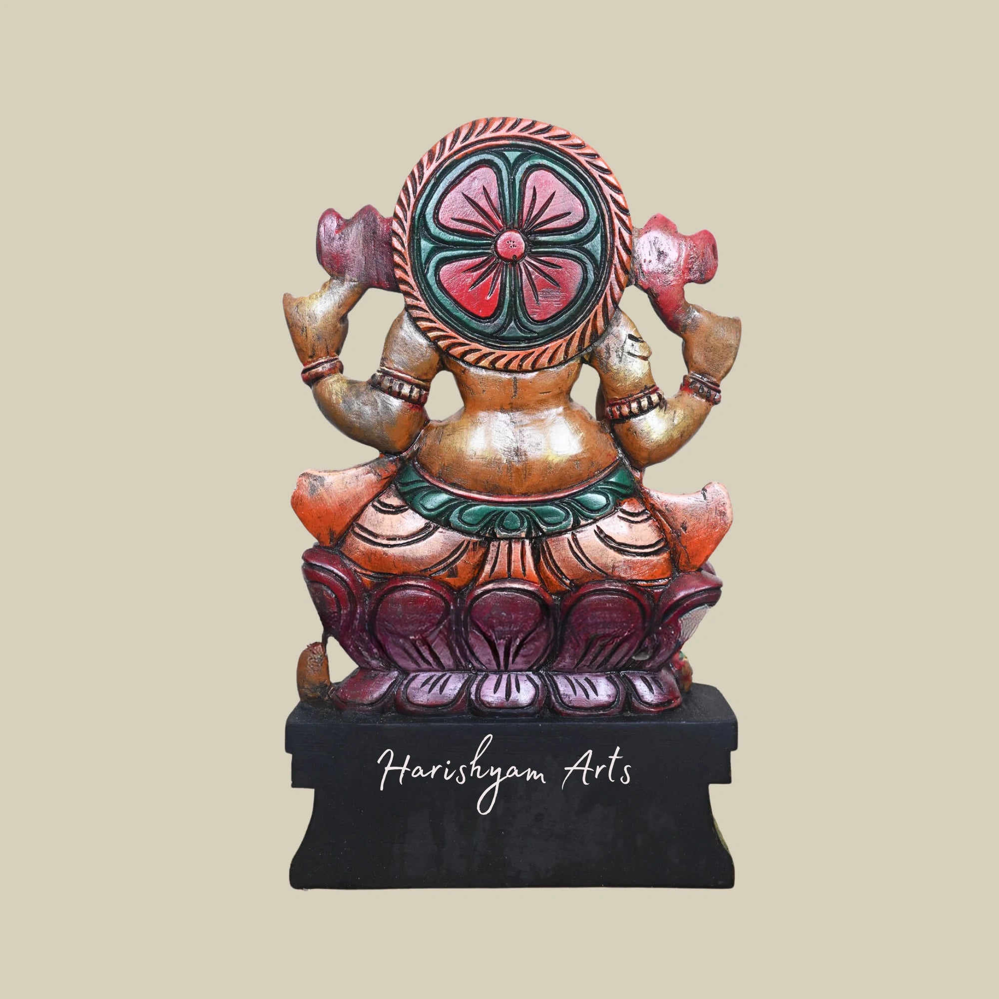 19" Polished Wooden Ganesha Statue on Pink Lotus Holding Pasa and Ankusha Ayuthas Wooden Sculpture