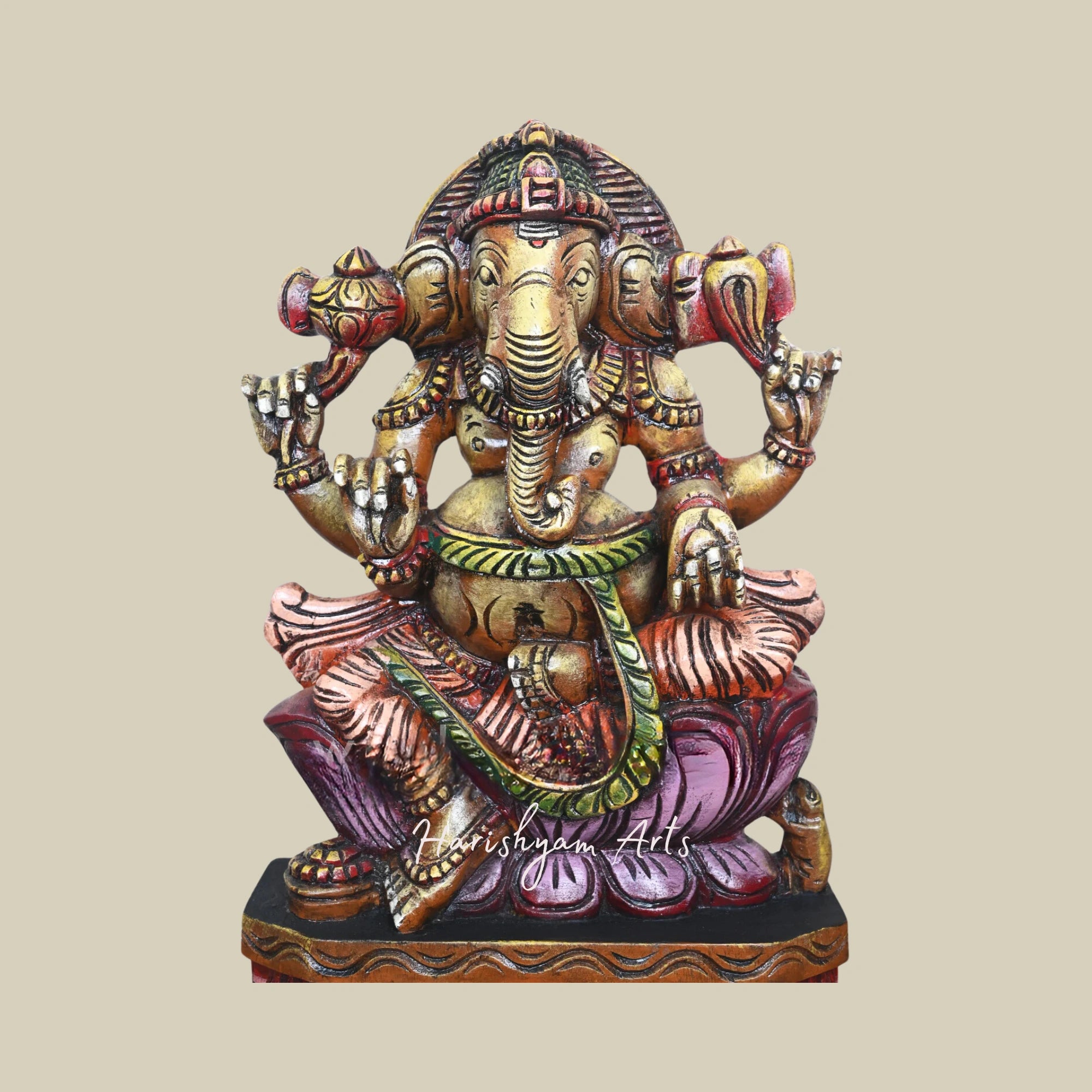 19" Polished Wooden Ganesha Statue on Pink Lotus Holding Pasa and Ankusha Ayuthas Wooden Sculpture4