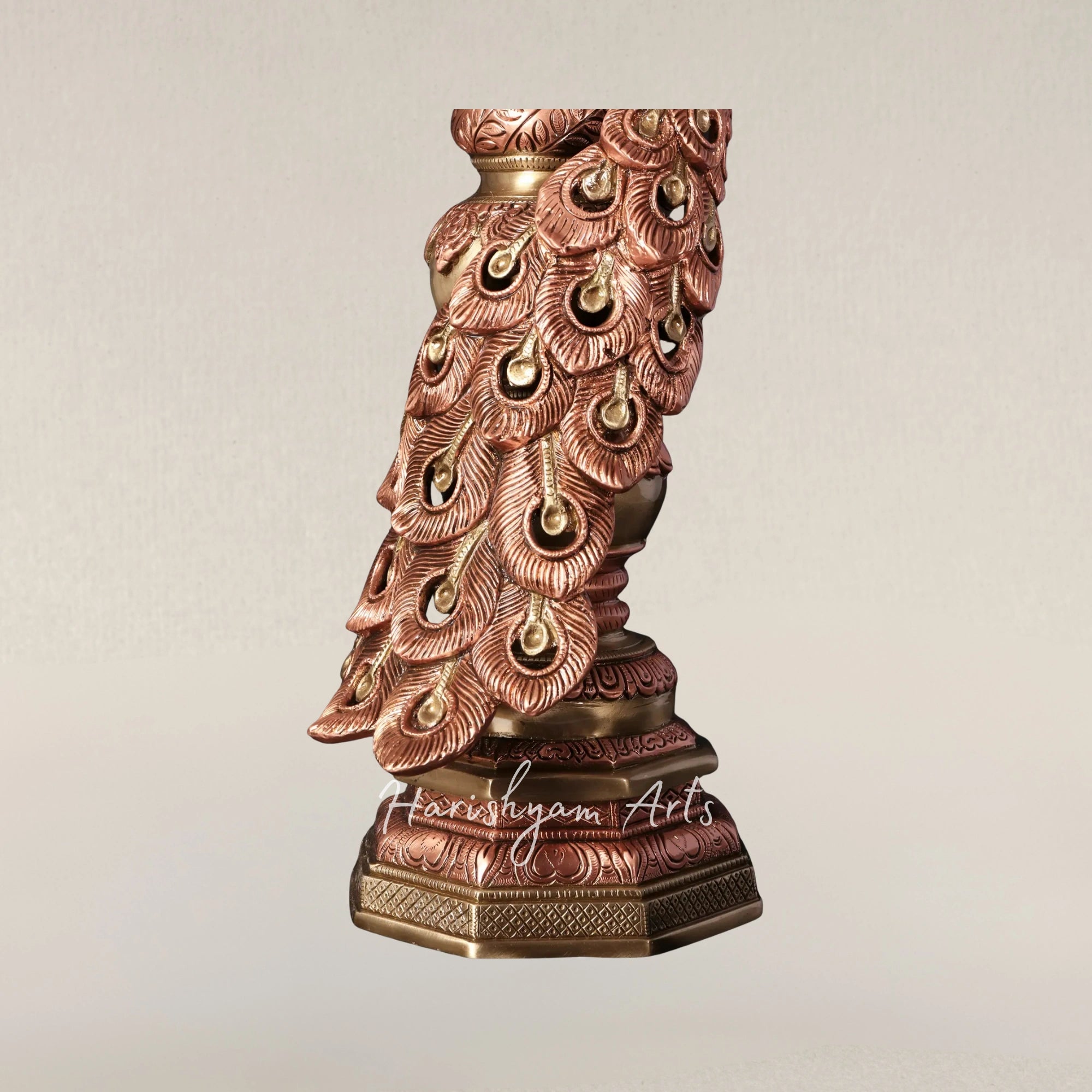 19" Radiant Brass Peacock Sculpture Adorned with 24 Karat Rose Gold Plating