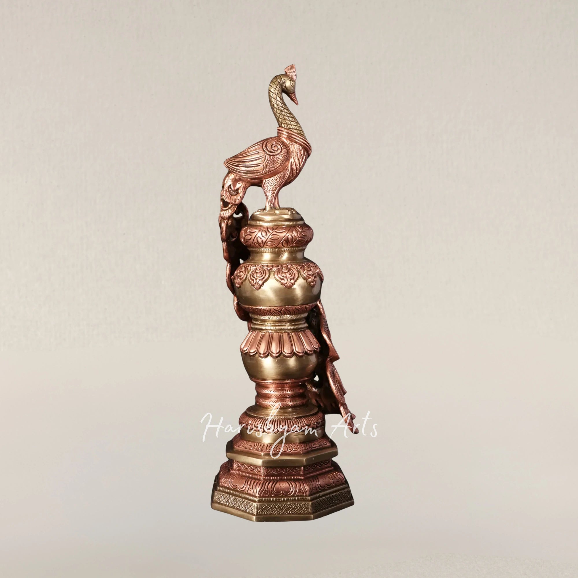 19" Radiant Brass Peacock Sculpture Adorned with 24 Karat Rose Gold Plating