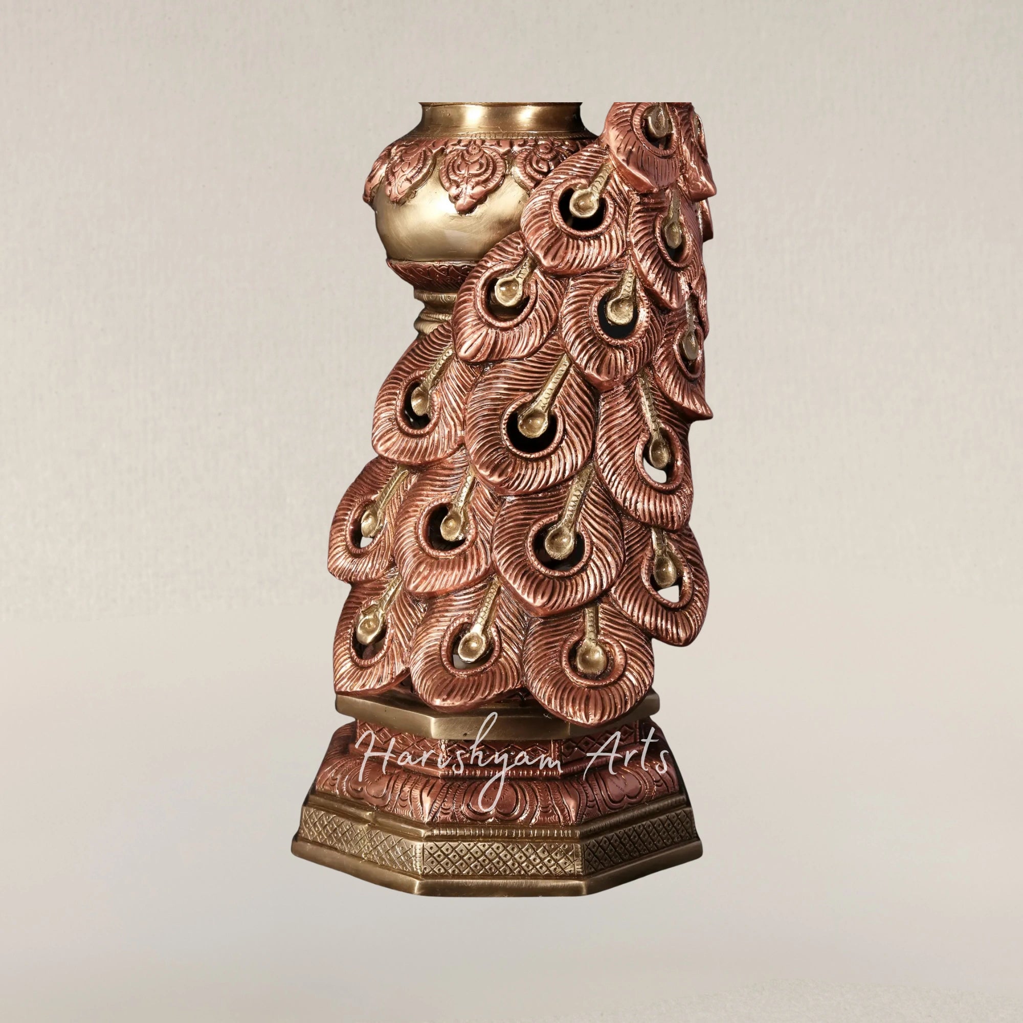 19" Radiant Brass Peacock Sculpture Adorned with 24 Karat Rose Gold Plating