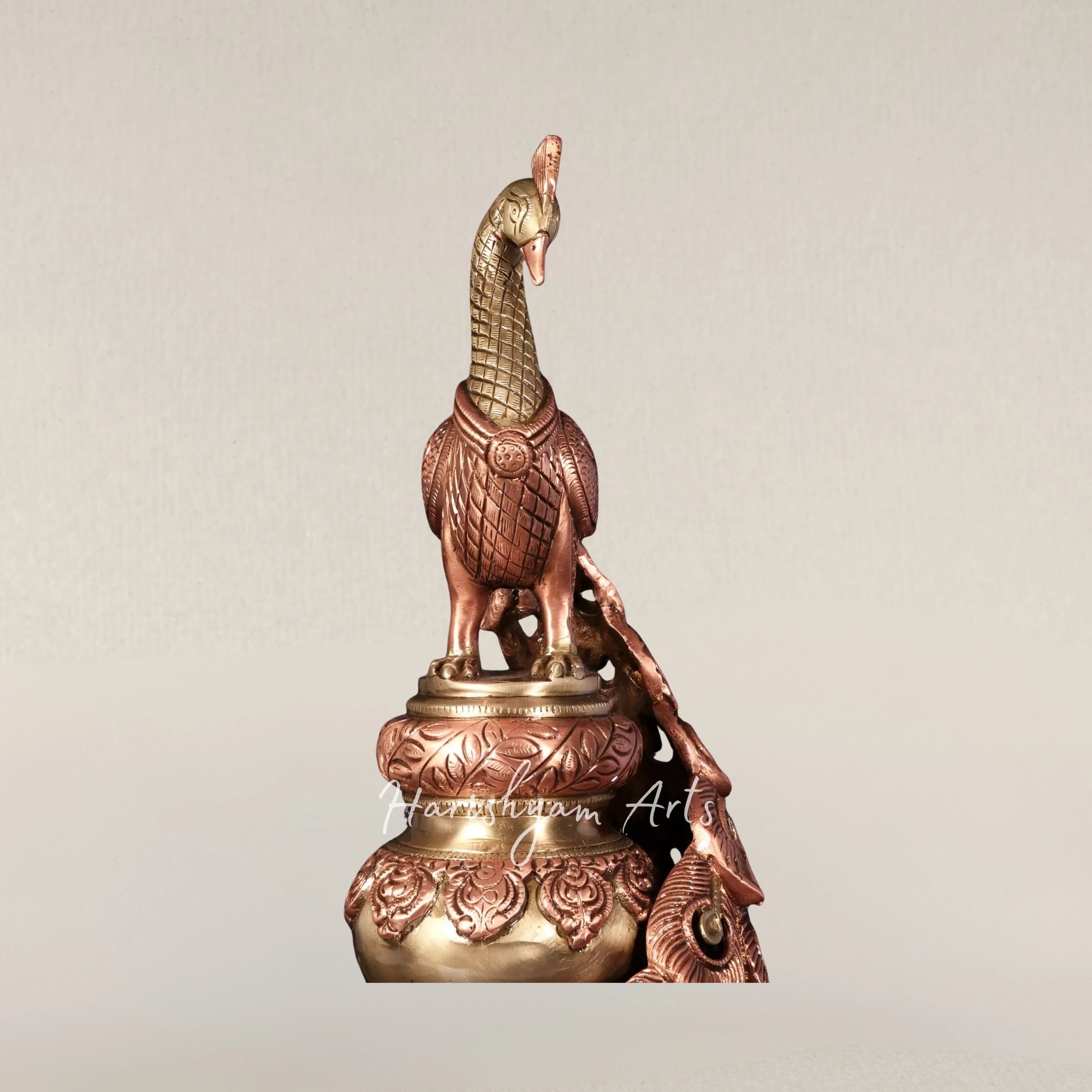 19" Radiant Brass Peacock Sculpture Adorned with 24 Karat Rose Gold Plating