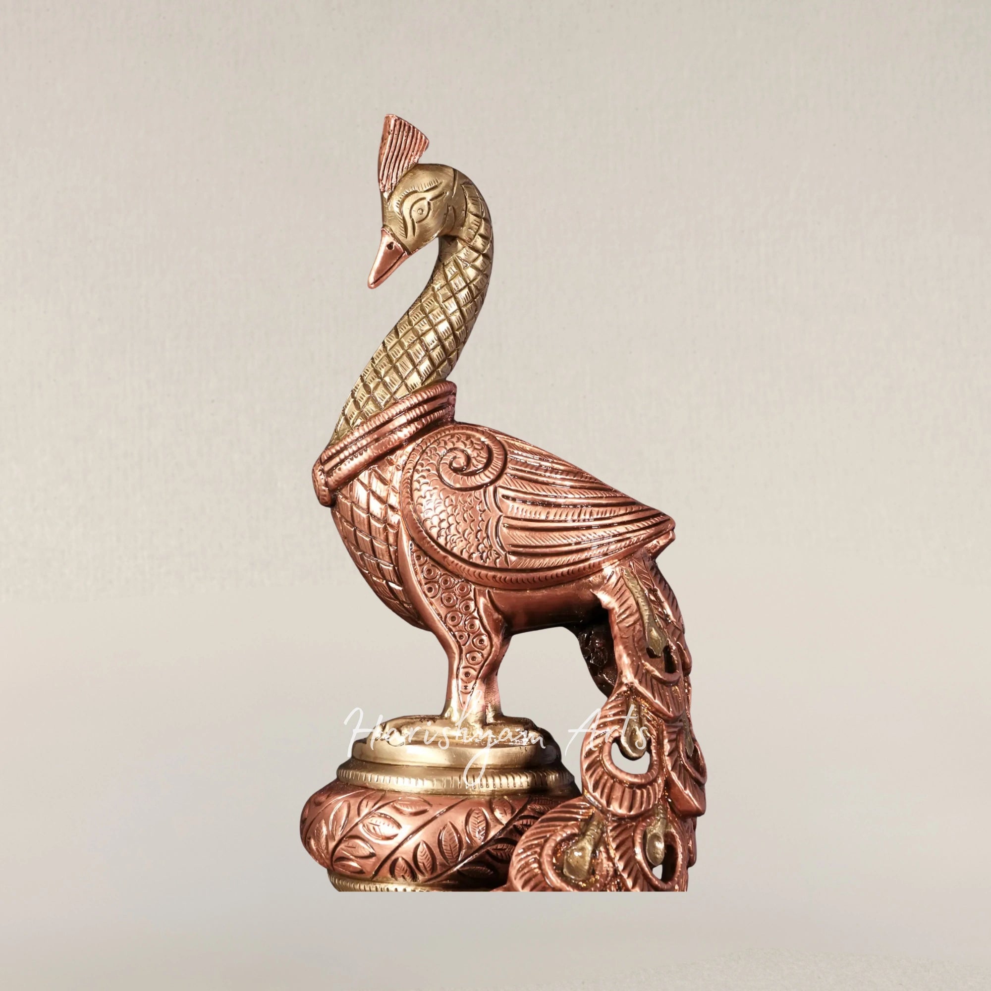 19" Radiant Brass Peacock Sculpture Adorned with 24 Karat Rose Gold Plating