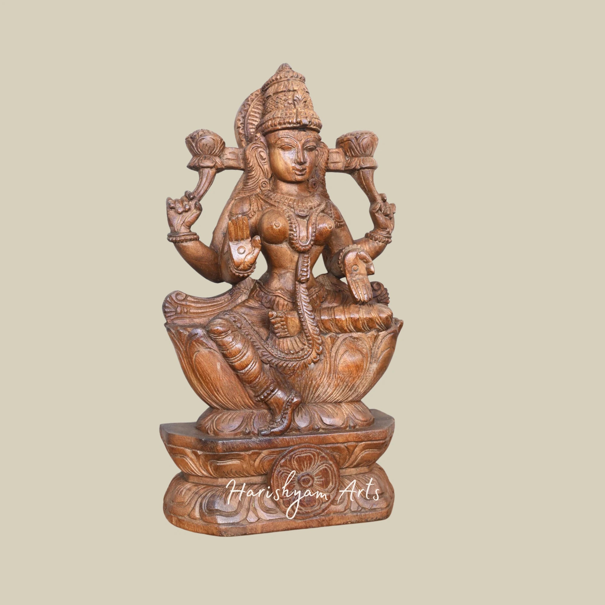 19" Samutrika Lakshana Mangalakara Lakshmi Maa Wooden Idol Online Seated on Lotus