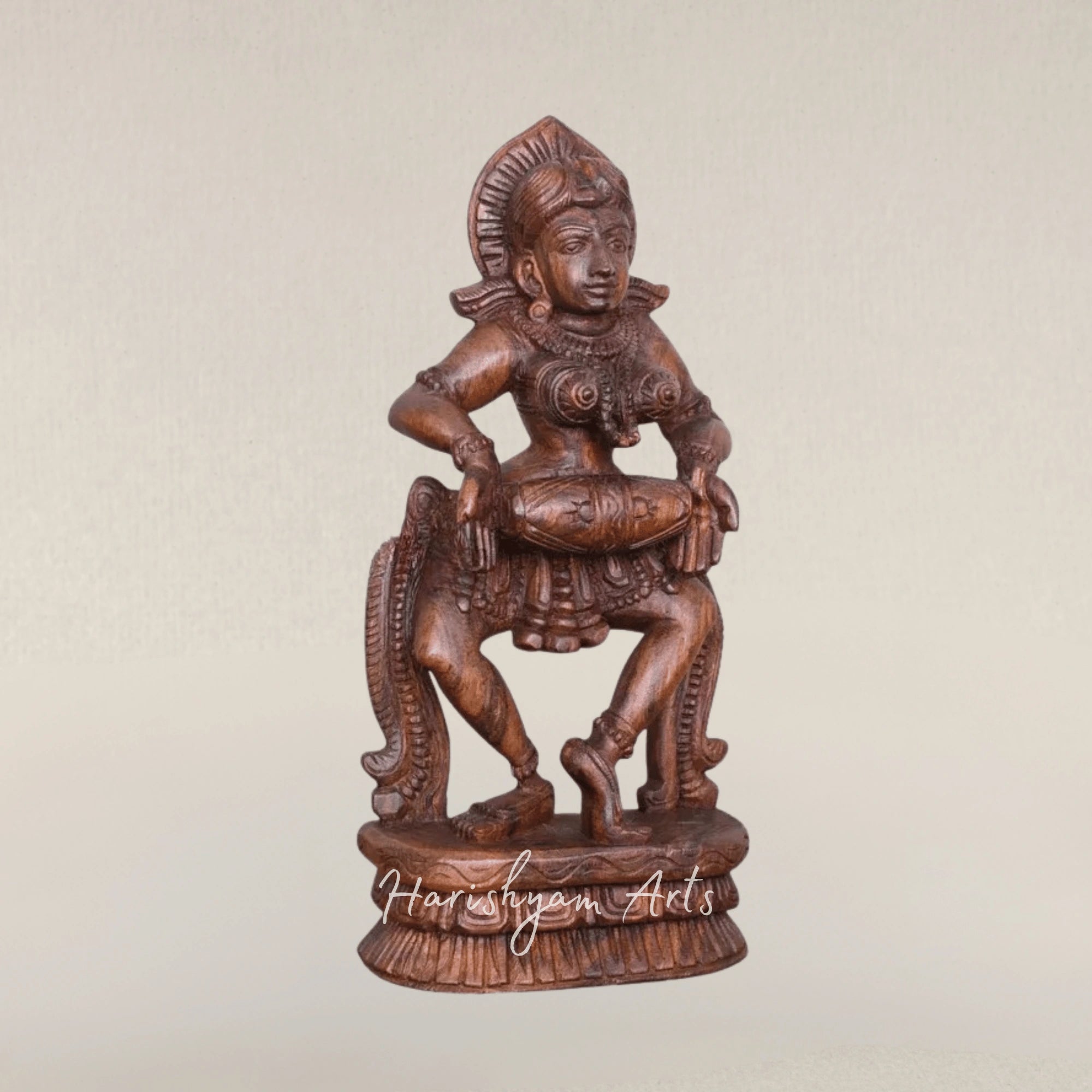 19" Wax Brown Wooden Apsara Figure with Dholak Drum