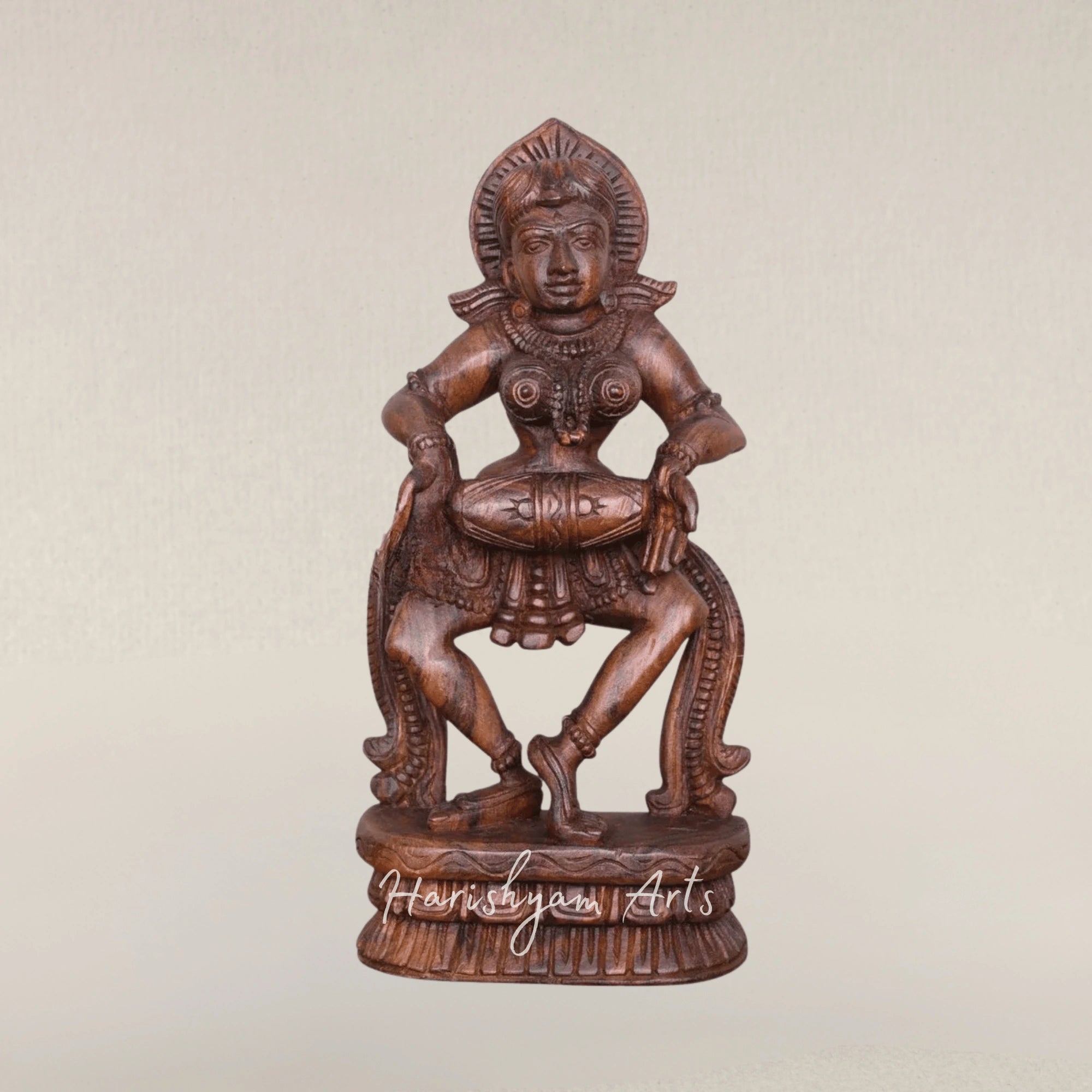 19" Wax Brown Wooden Apsara Figure with Dholak Drum