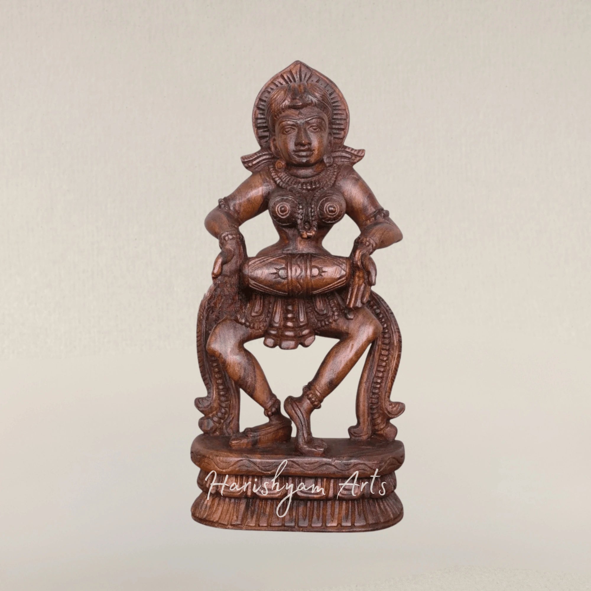 19" Wax Brown Wooden Apsara Figure with Dholak Drum